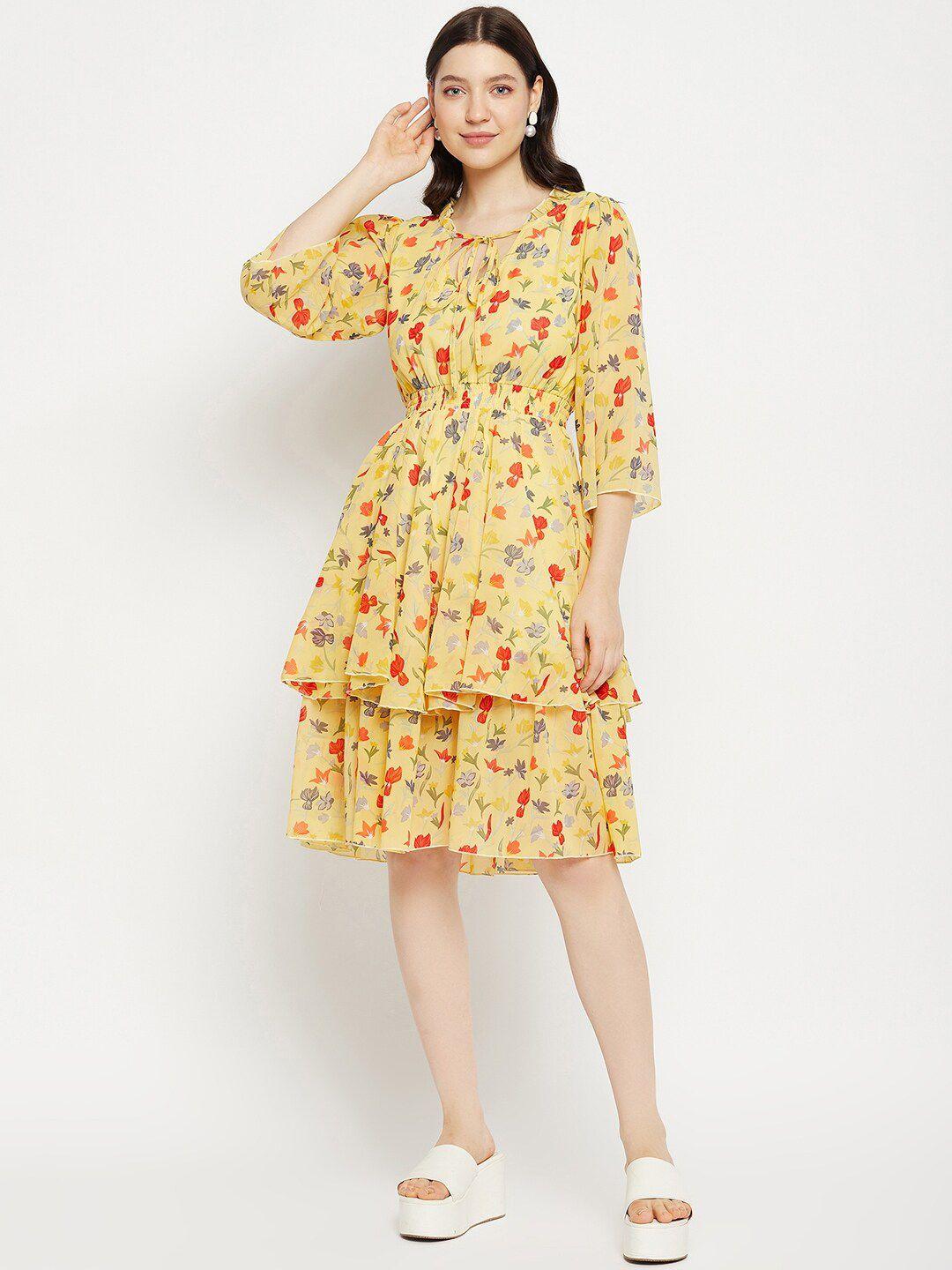 bitterlime floral printed tie-up neck layered fit & flare dress