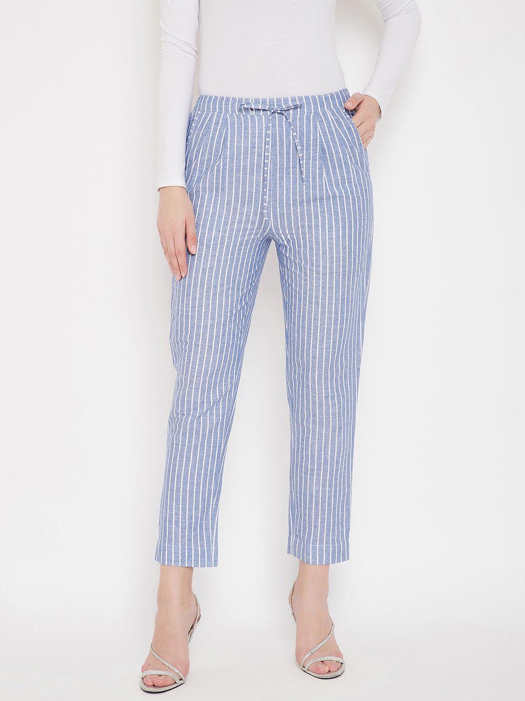 bitterlime women blue striped smart cotton cropped regular trousers