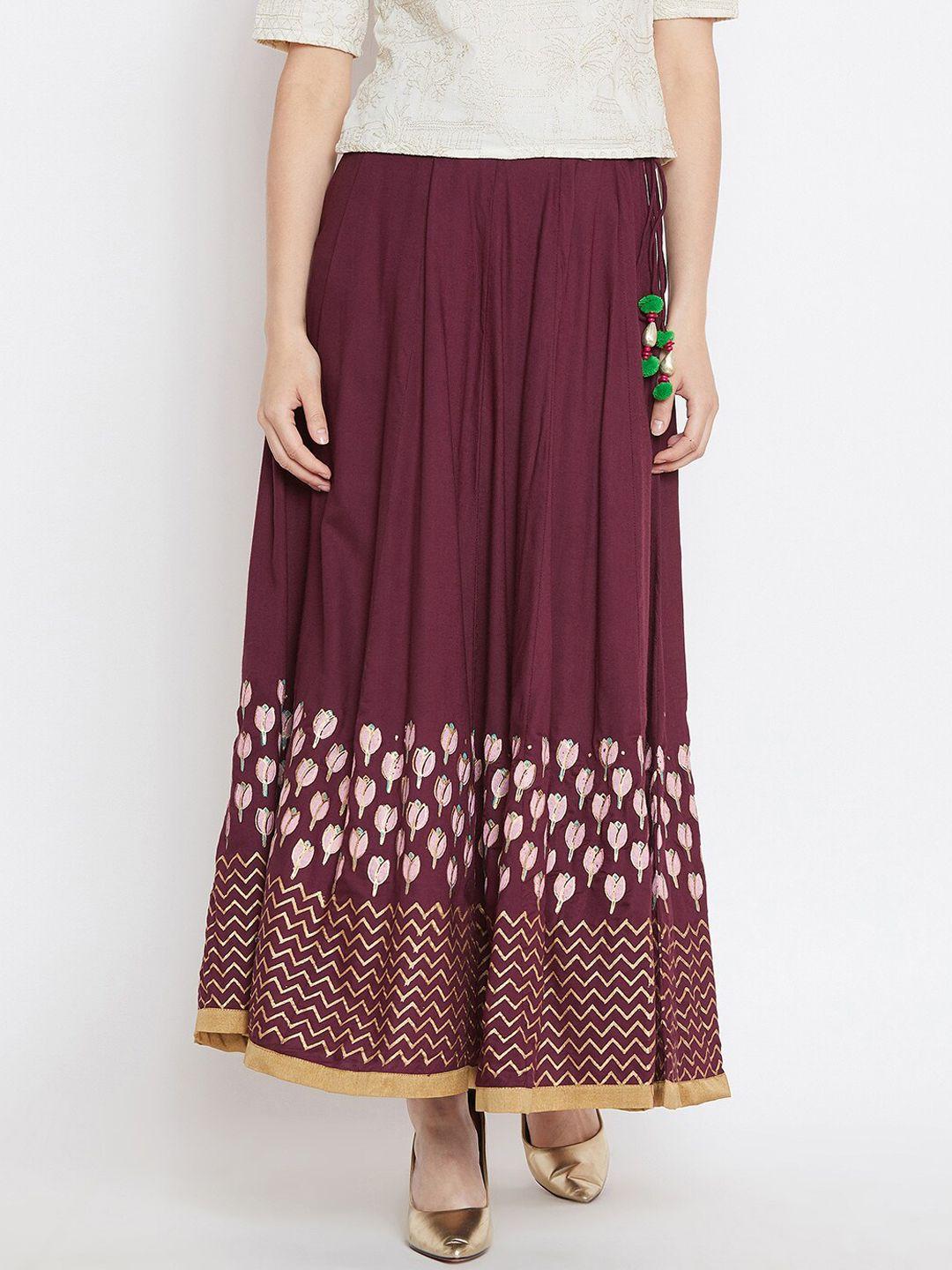 bitterlime women burgundy printed maxi-length flared skirt