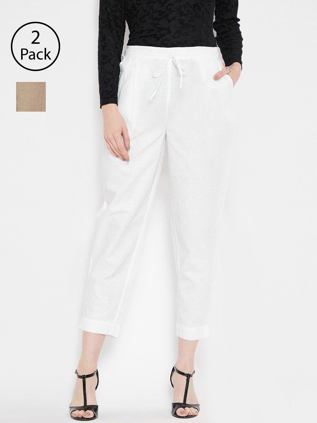 bitterlime women off-white & brown relaxed regular fit solid peg trousers