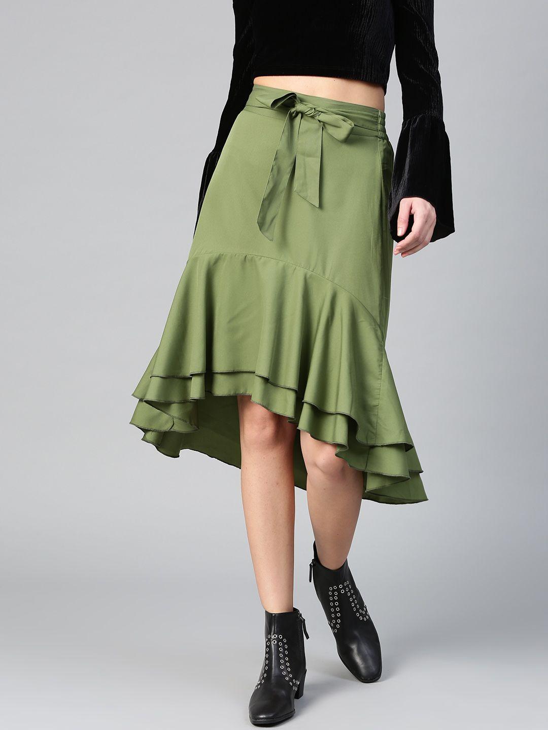 bitterlime women olive green solid ruffled layered a-line skirt