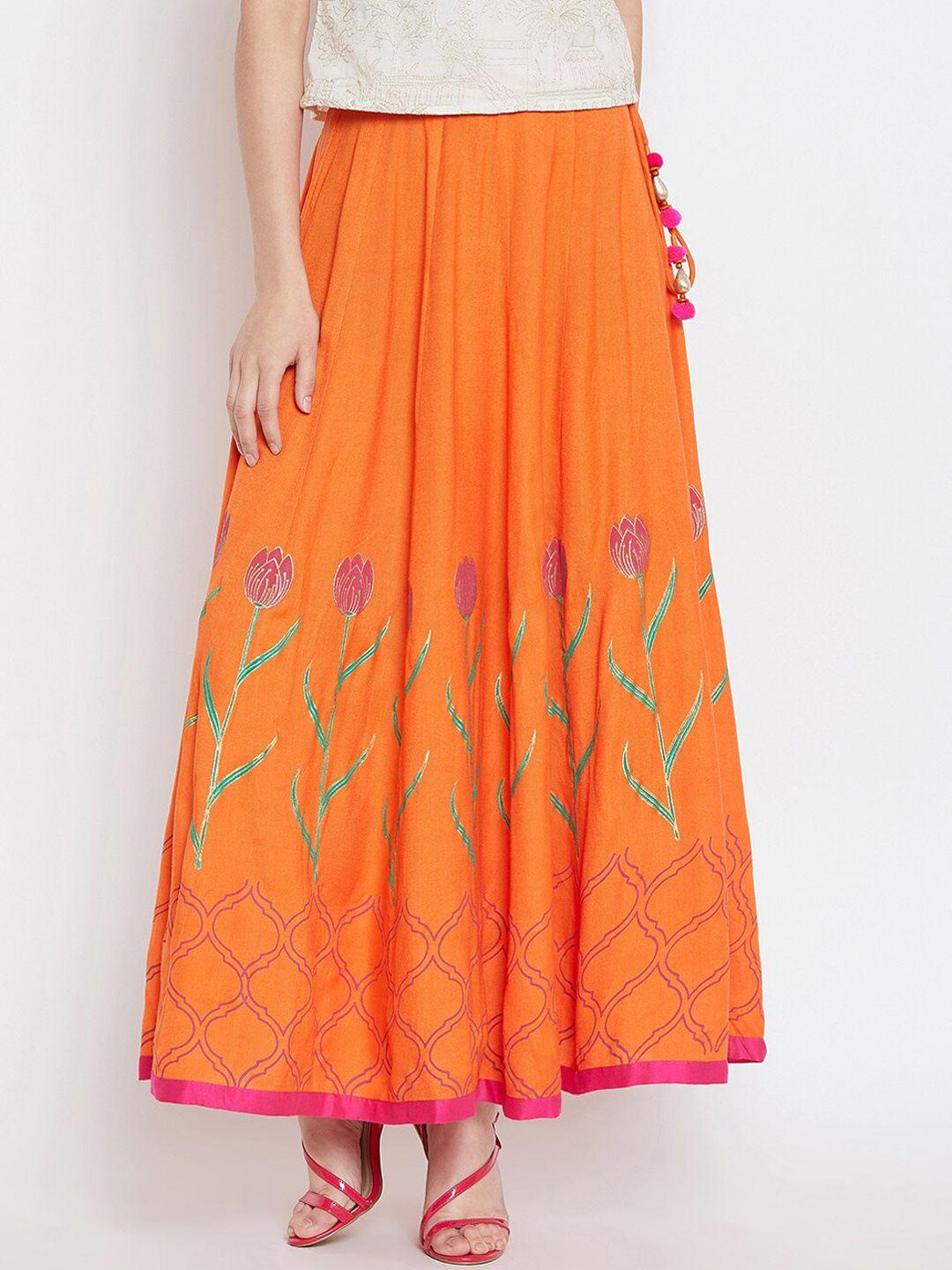 bitterlime women orange & pink printed flared maxi skirt