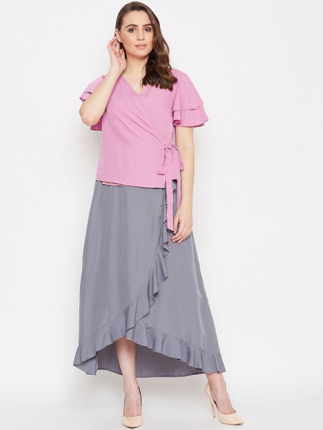 bitterlime women pink & grey overlap top and ruffled skirt set