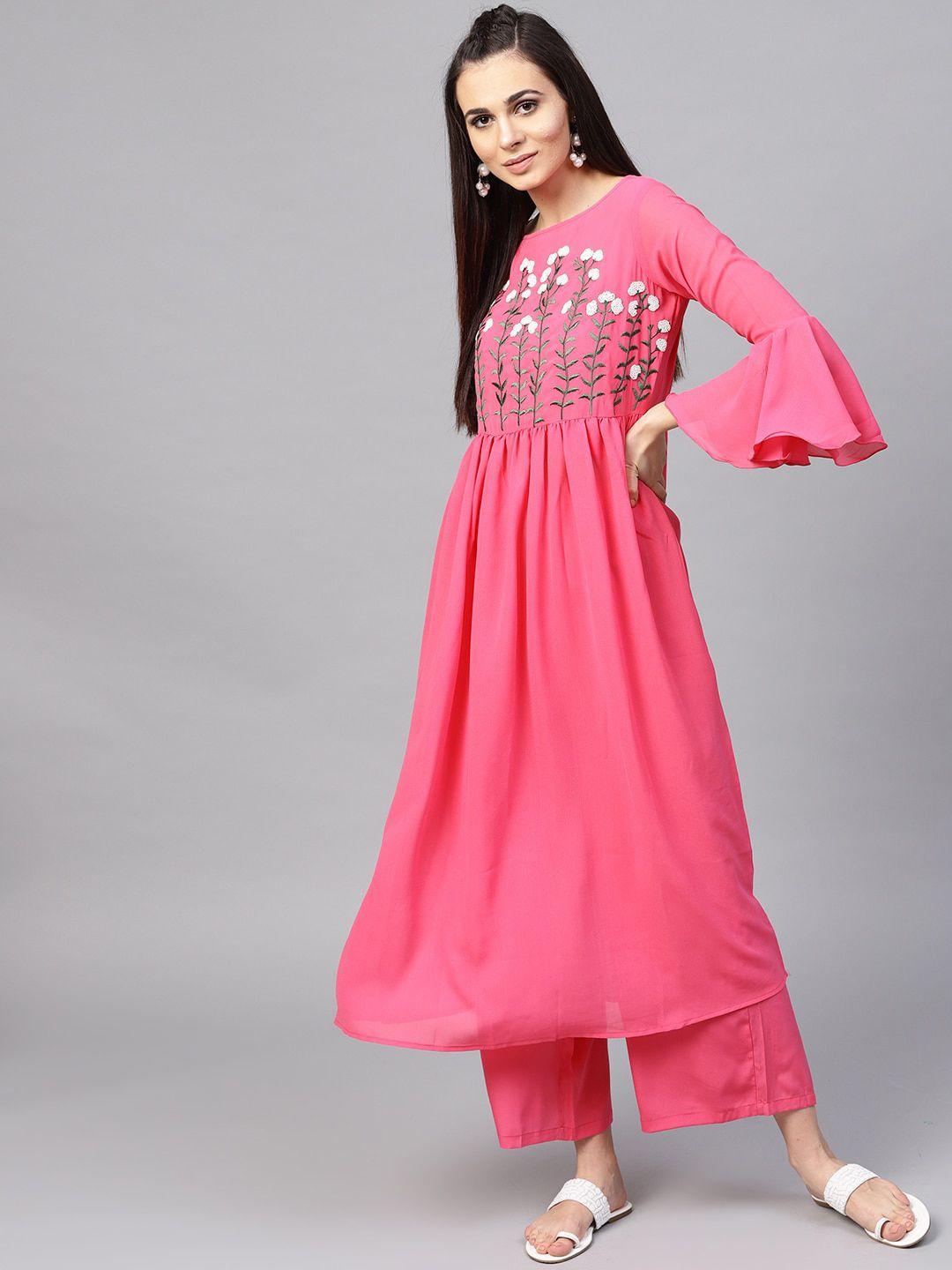 bitterlime women pink floral embroidered pleated kurta with palazzos