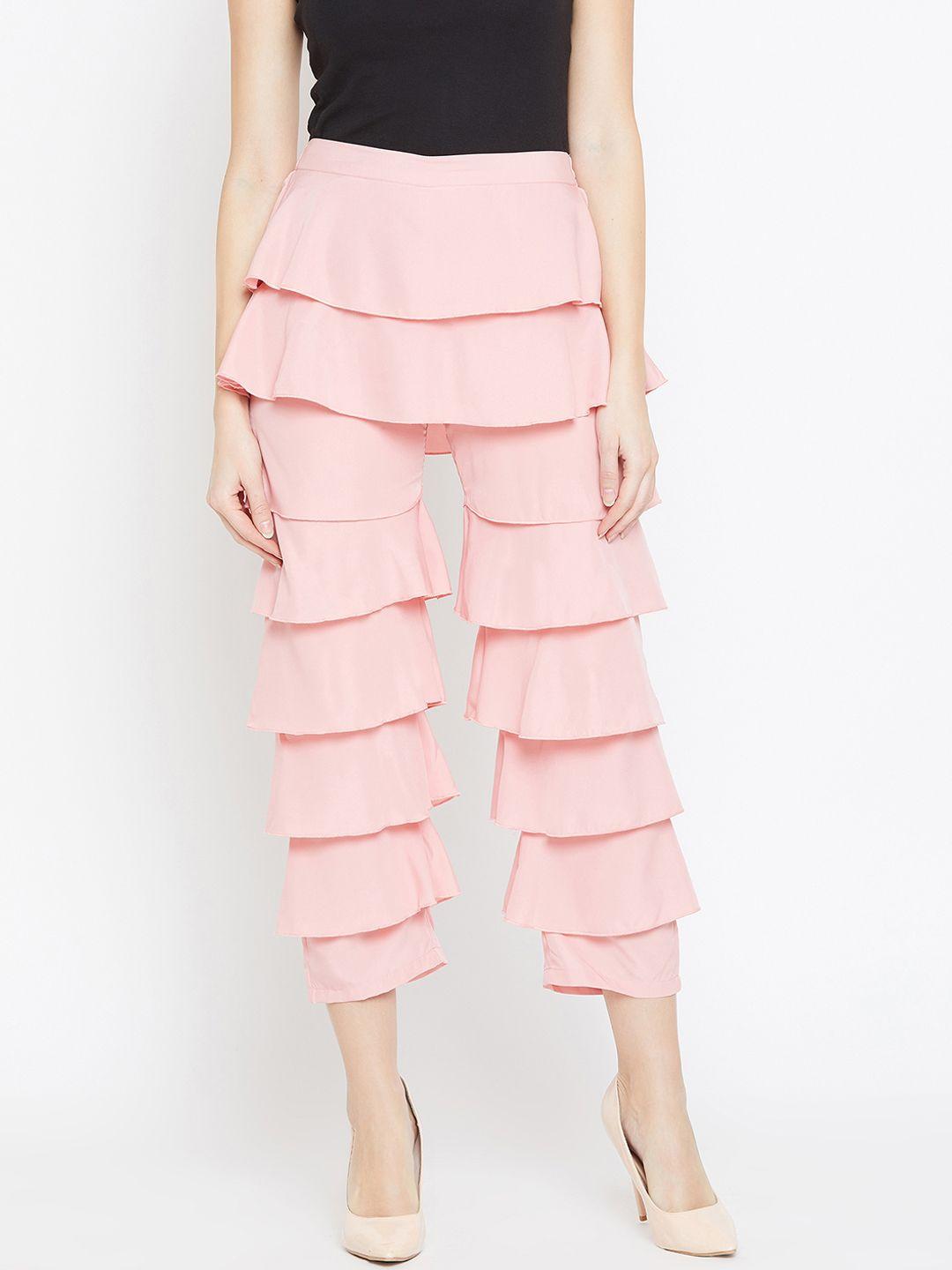 bitterlime women pink loose fit solid tiered culottes