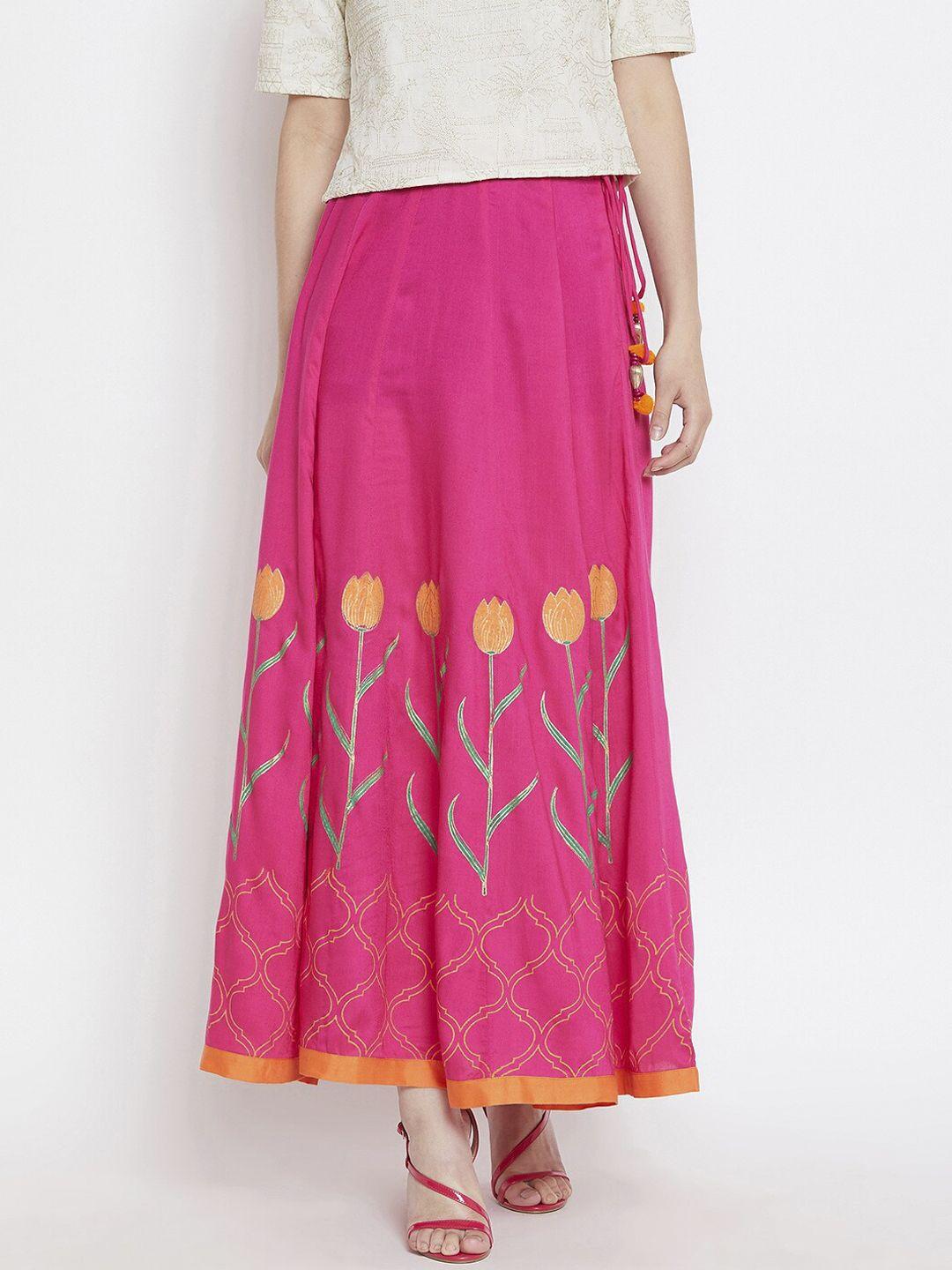 bitterlime women pink tulip block printed flared maxi skirt