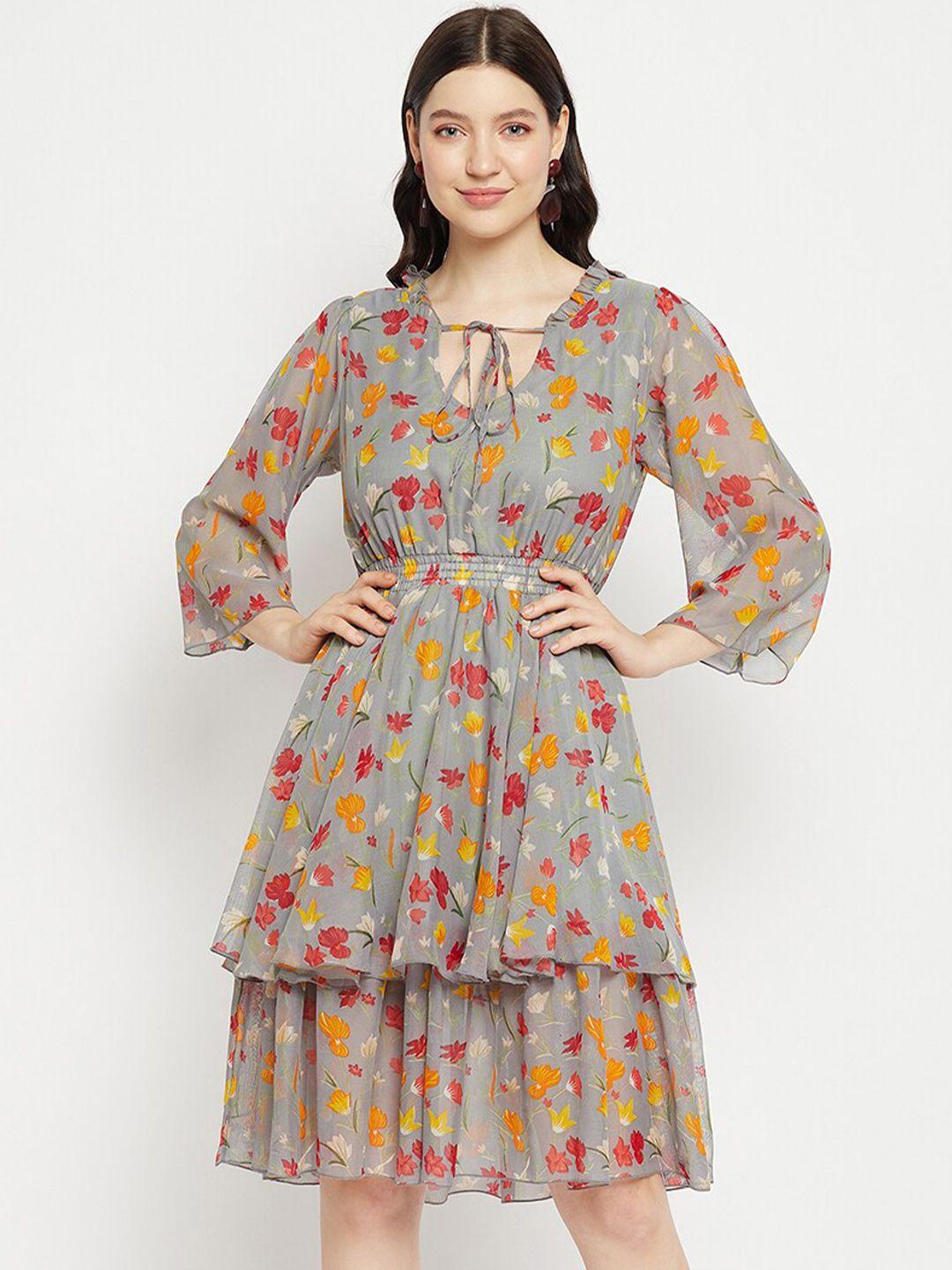 bitterlime  floral printed tie-up neck layered fit & flare dress