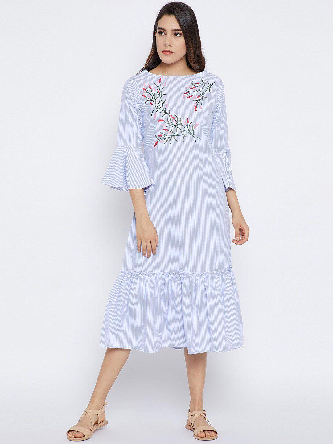 bitterlime blue striped floral embroidered a-line midi dress