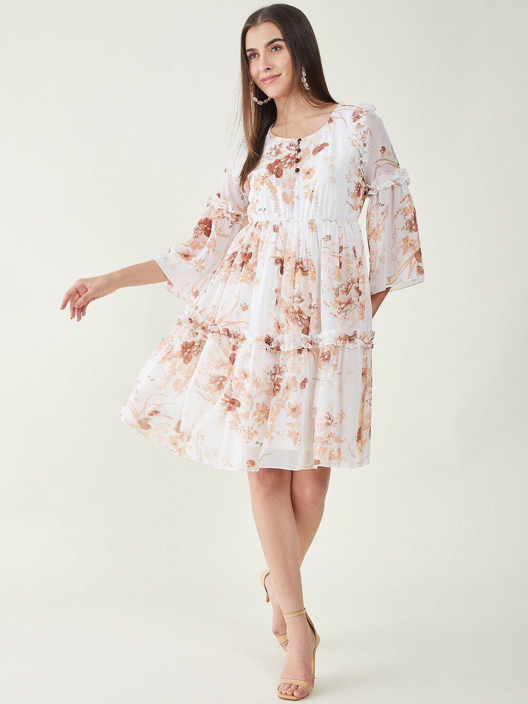 bitterlime floral printed bell sleeves ruffled georgette fit and flare tiered dress