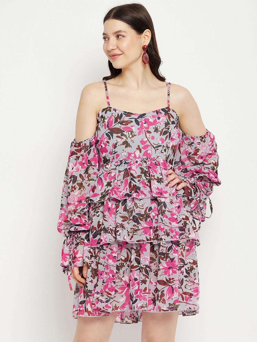 bitterlime floral printed cold-shoulder sleeves layered georgette a-line dress