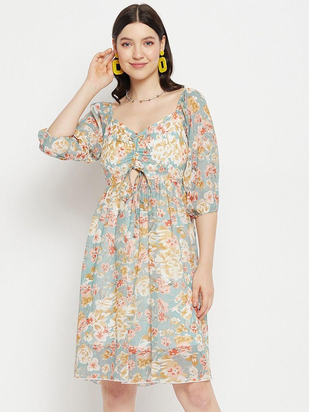 bitterlime floral printed puff sleeves cut-out detailed ruched fit & flare dress