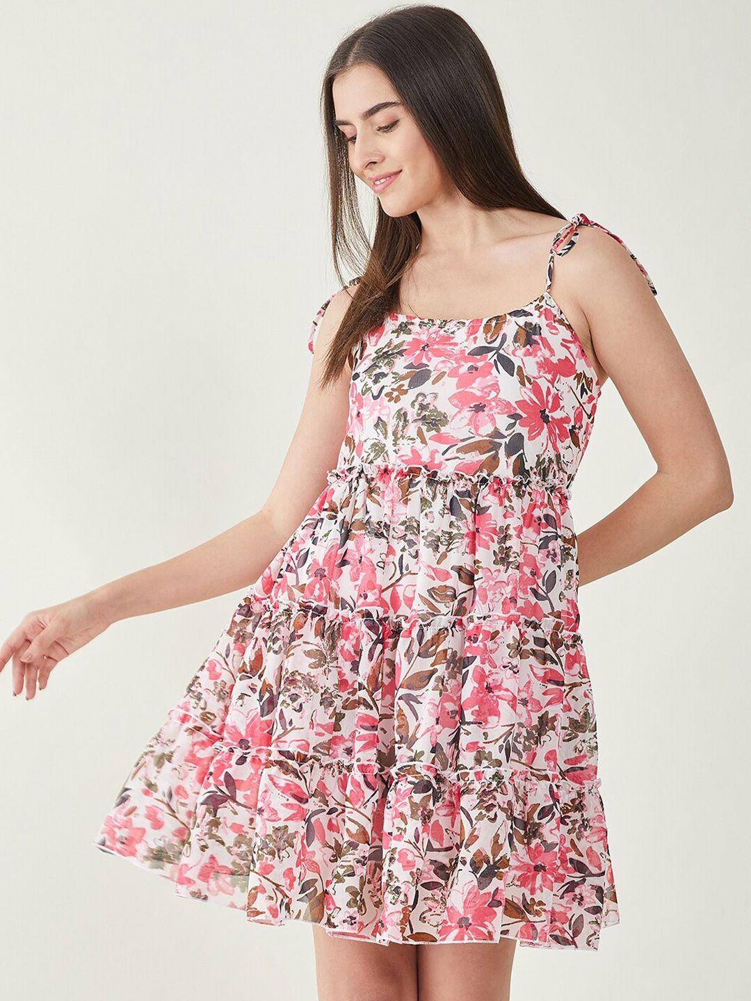 bitterlime floral printed shoulder straps tiered georgette fit & flare dress