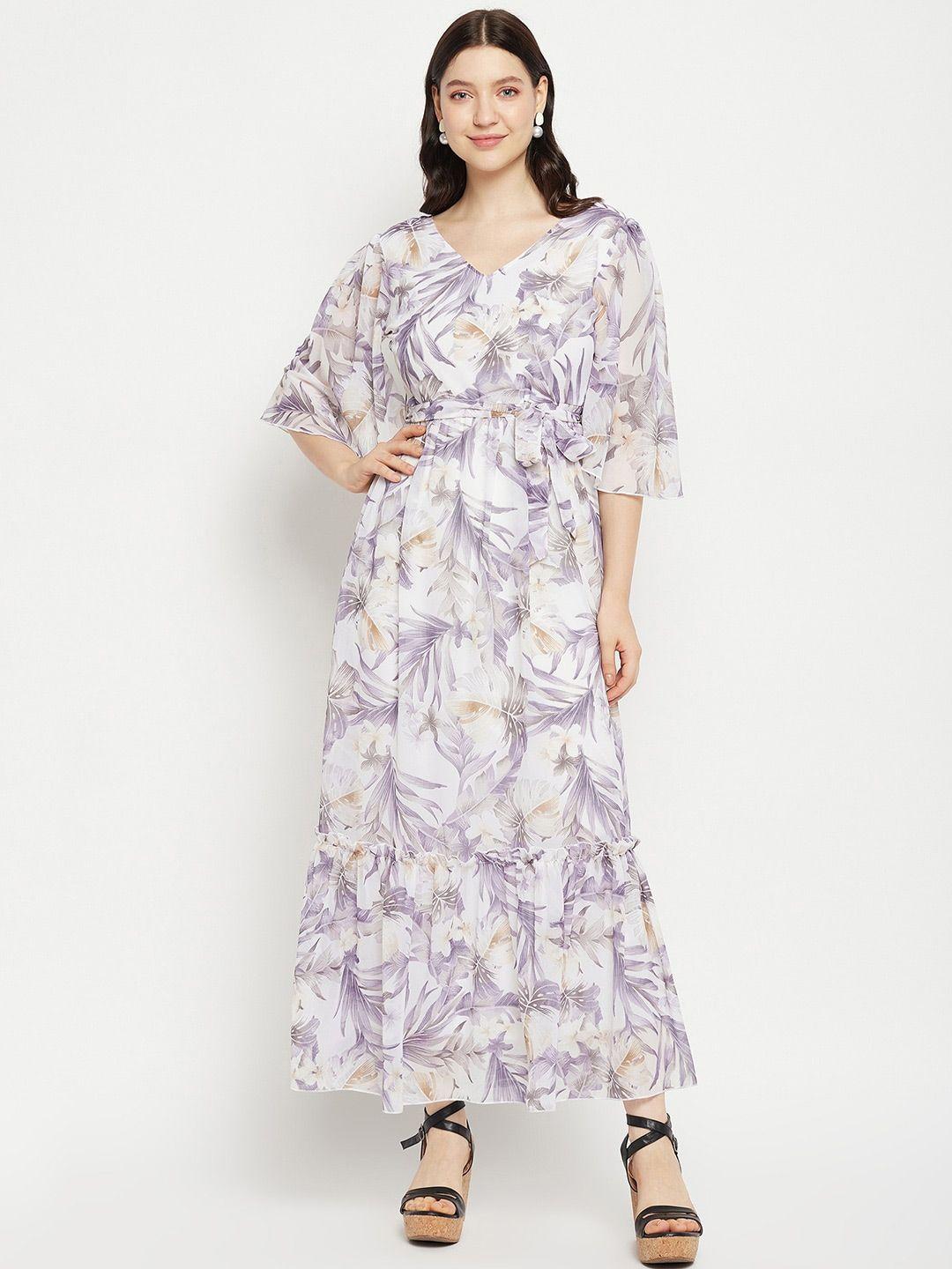 bitterlime floral printed v-neck flared sleeves tie-up detailed fit & flare maxi dress