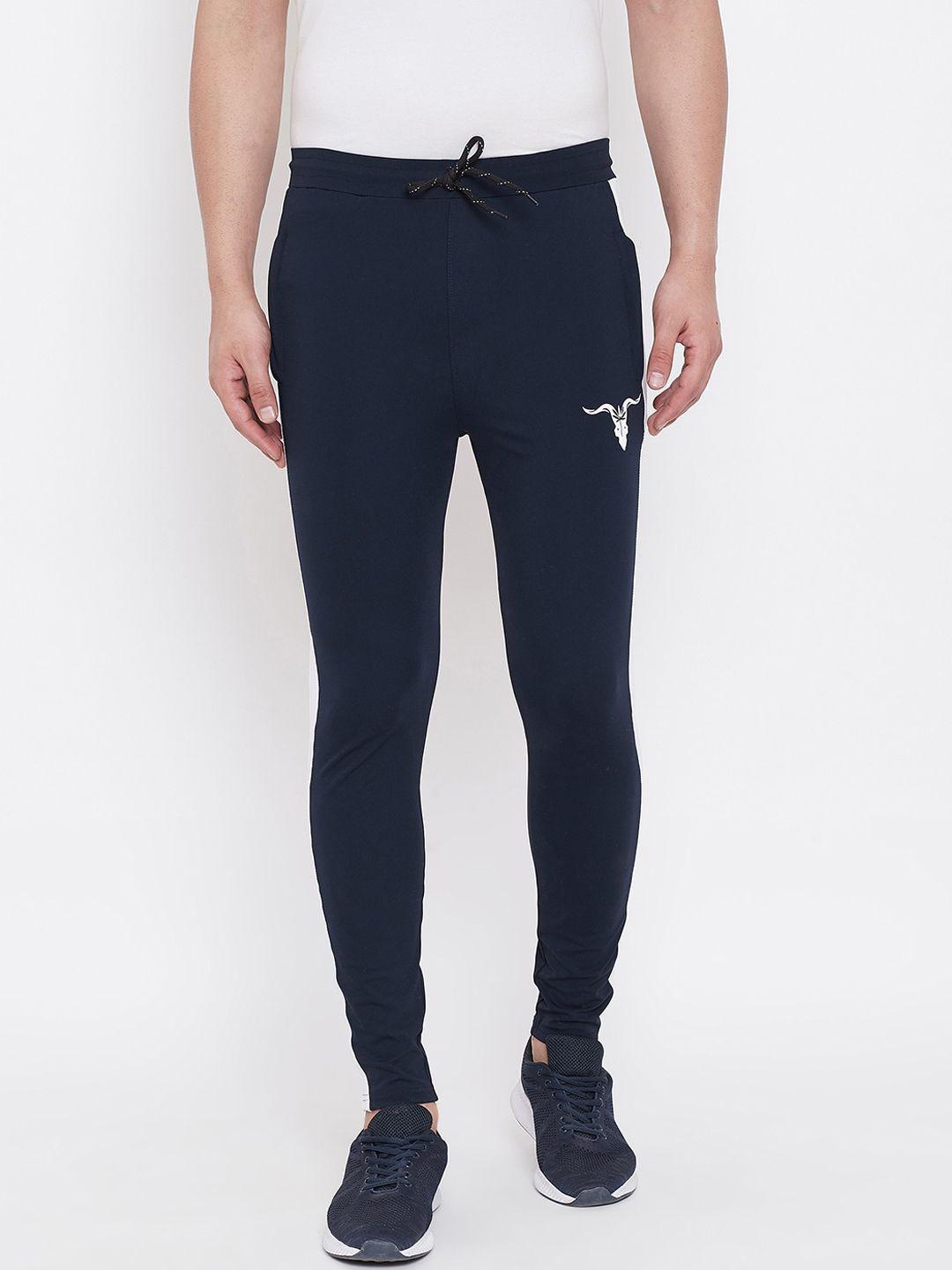bitterlime men navy blue solid polyester slim-fit track pants