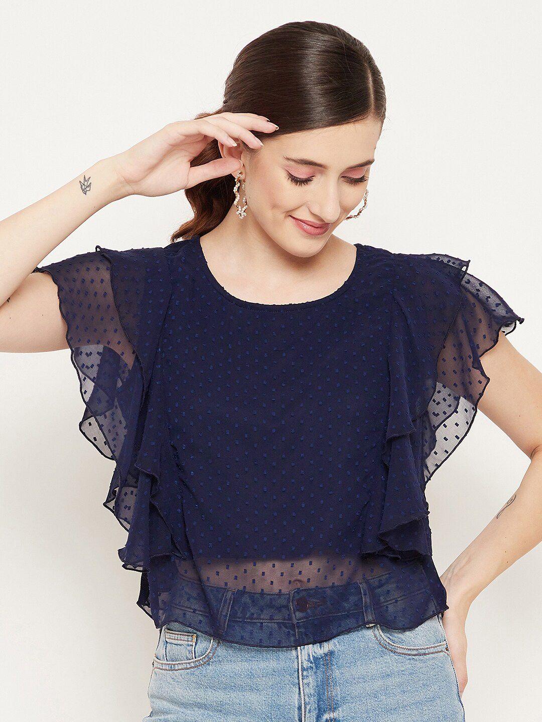 bitterlime navy blue ruffles georgette top