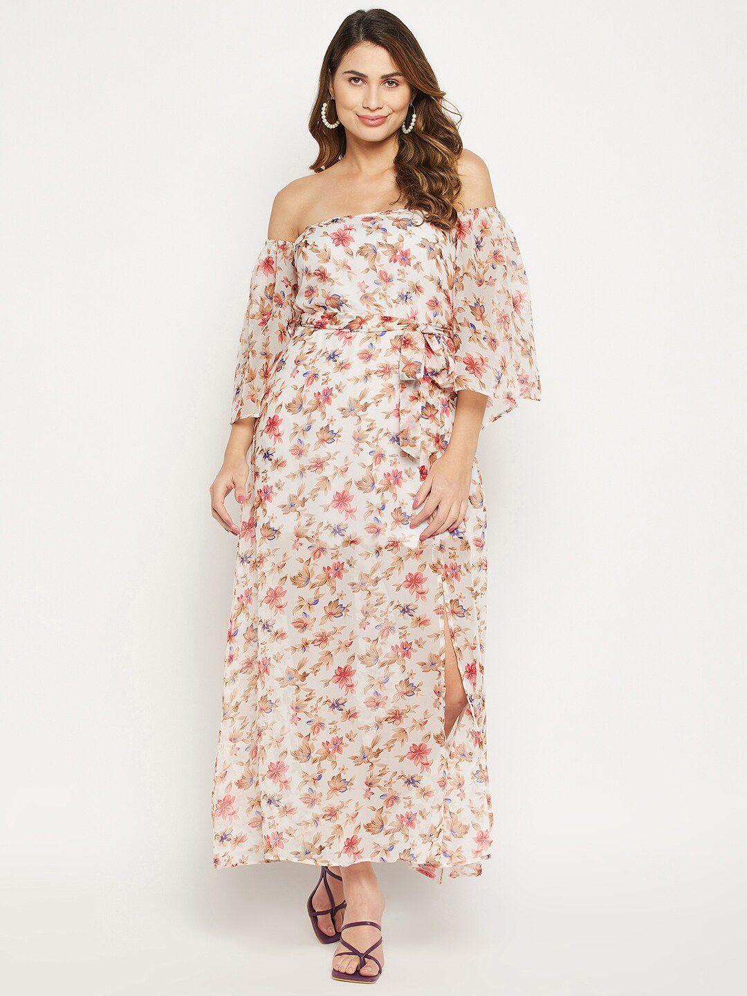 bitterlime off shoulder floral printed georgette maxi dress with belt