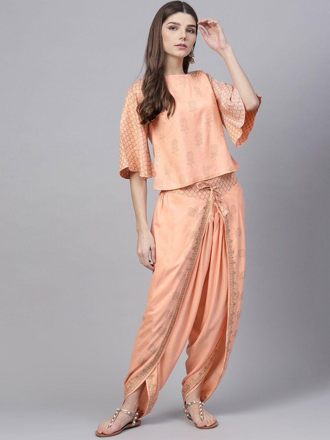 bitterlime peach-coloured & grey printed block print top with dhoti pants