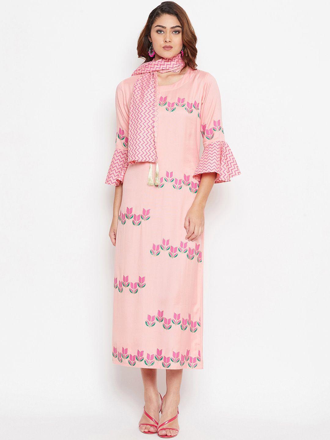 bitterlime peach-coloured ethnic motifs sheath midi dress