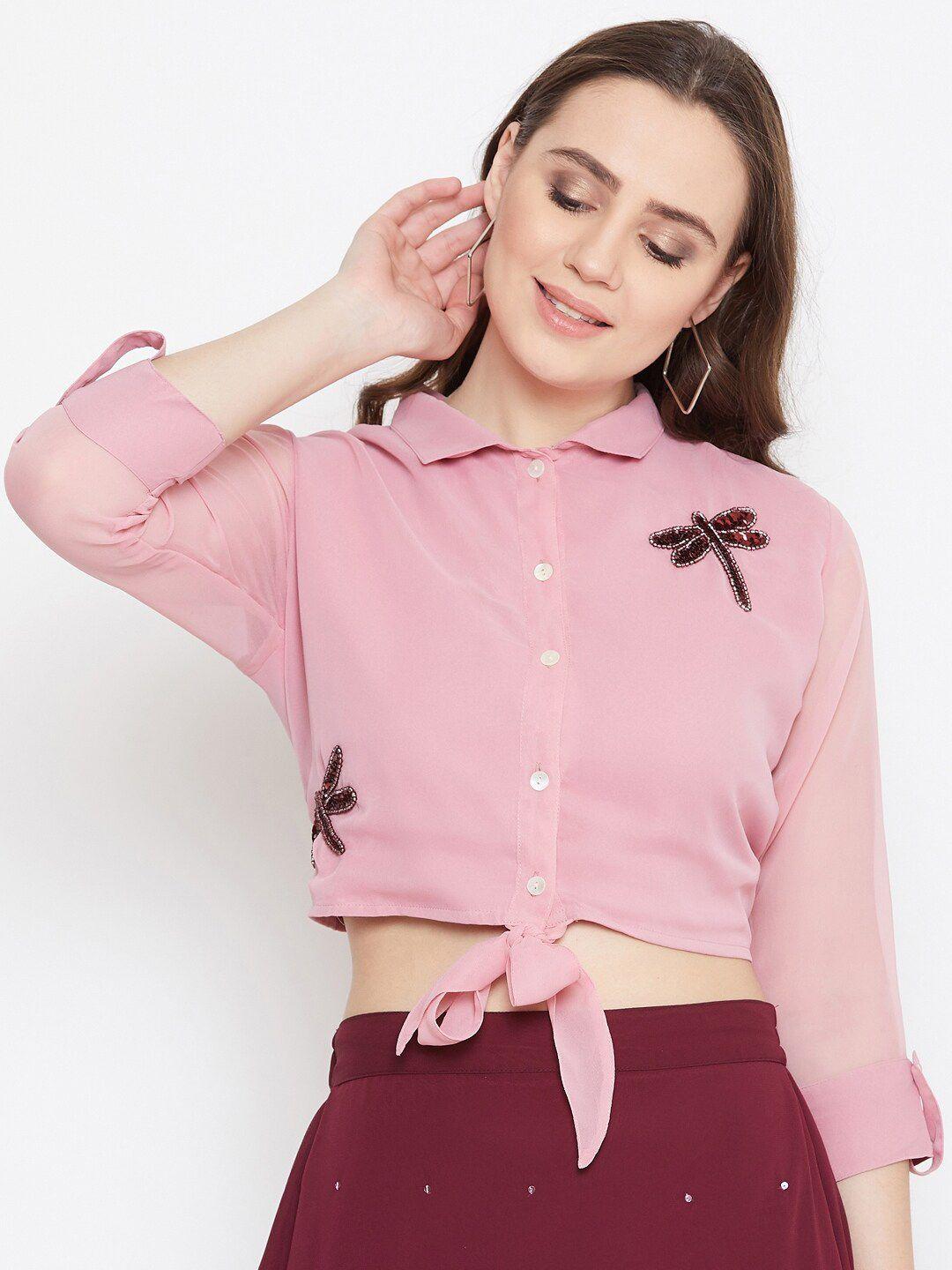 bitterlime peach-coloured georgette shirt style hand sequinned crop top