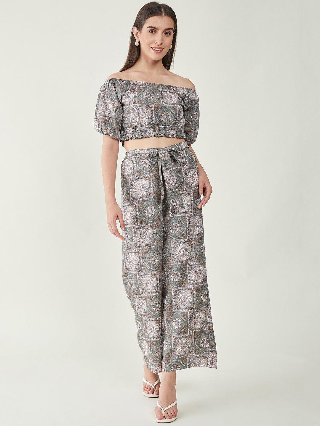 bitterlime printed off-shoulder-neck top with printed  palazzos