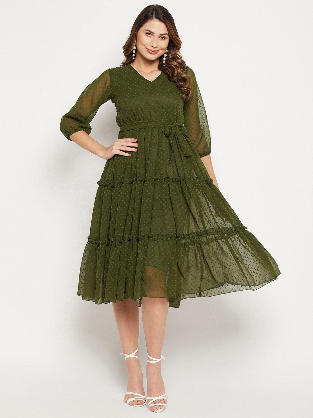 bitterlime self design v neck tiered fit and flare dress