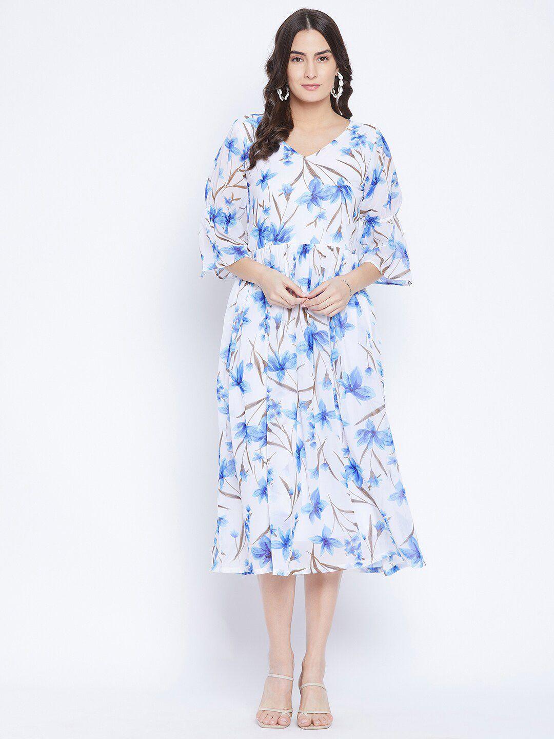 bitterlime white & blue floral georgette gathered a-line midi dress