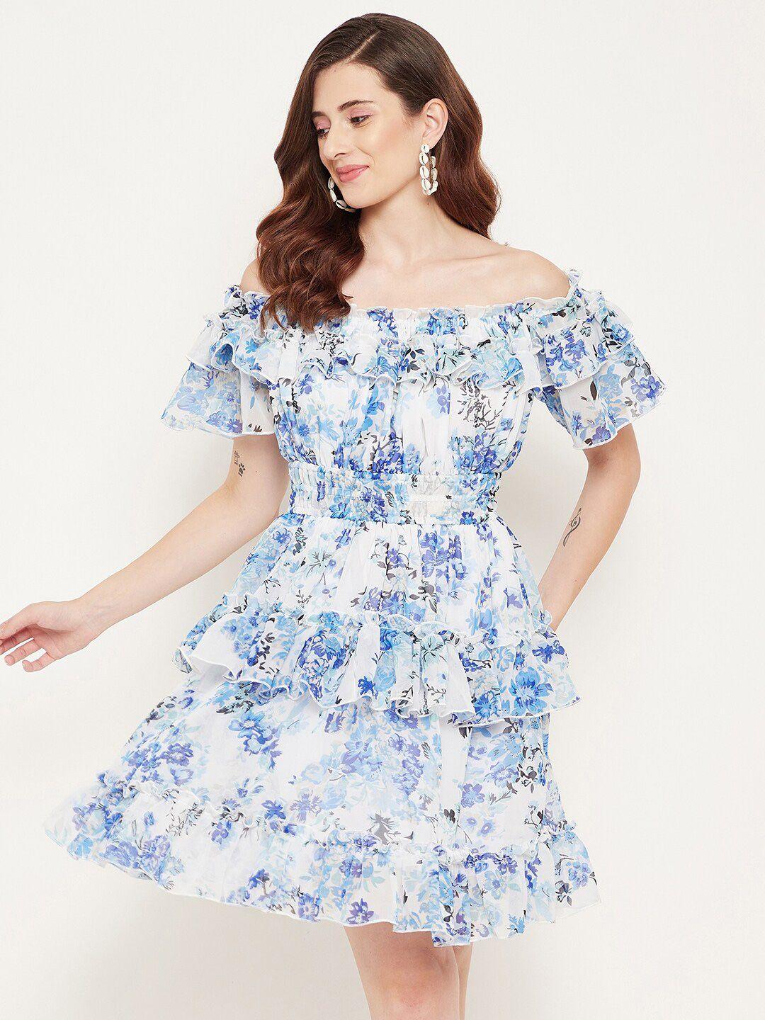 bitterlime white & blue floral off-shoulder georgette dress