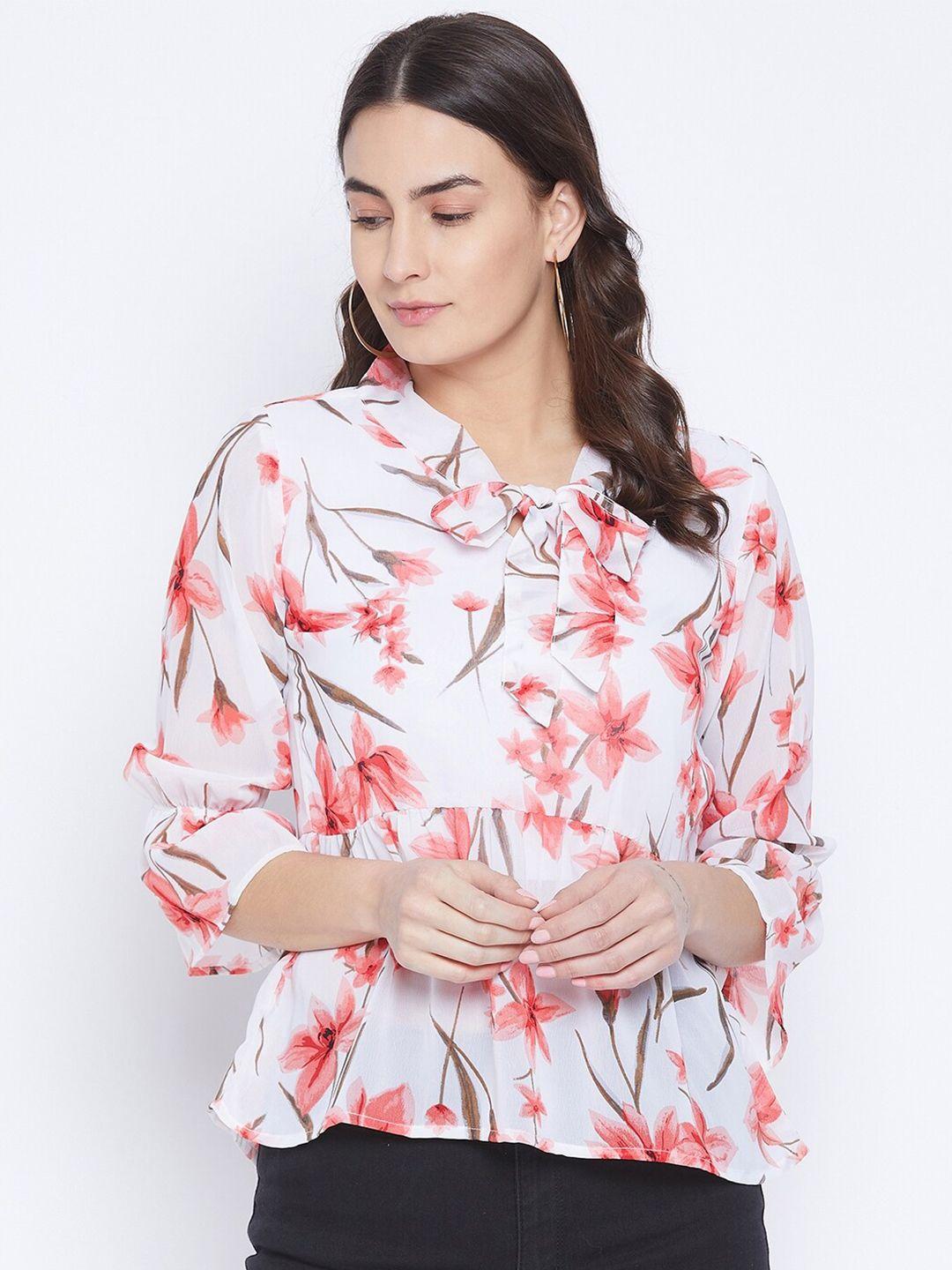 bitterlime white floral tie-up neck georgette peplum top