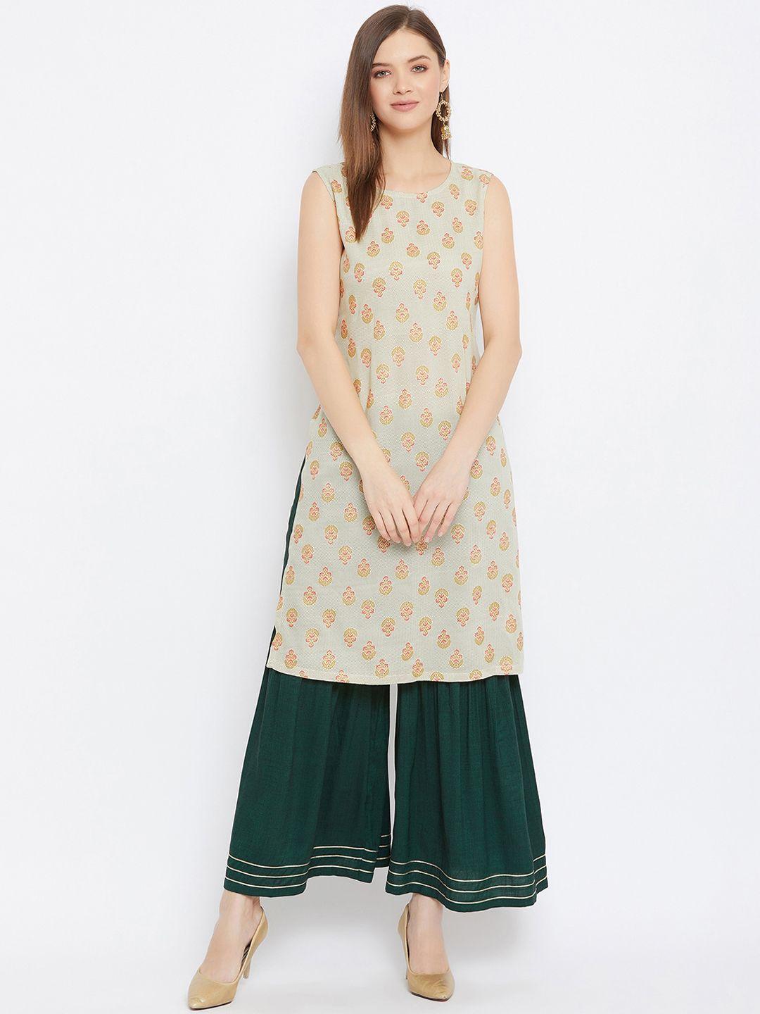 bitterlime women beige ethnic motifs printed gotta patti kurta with palazzos