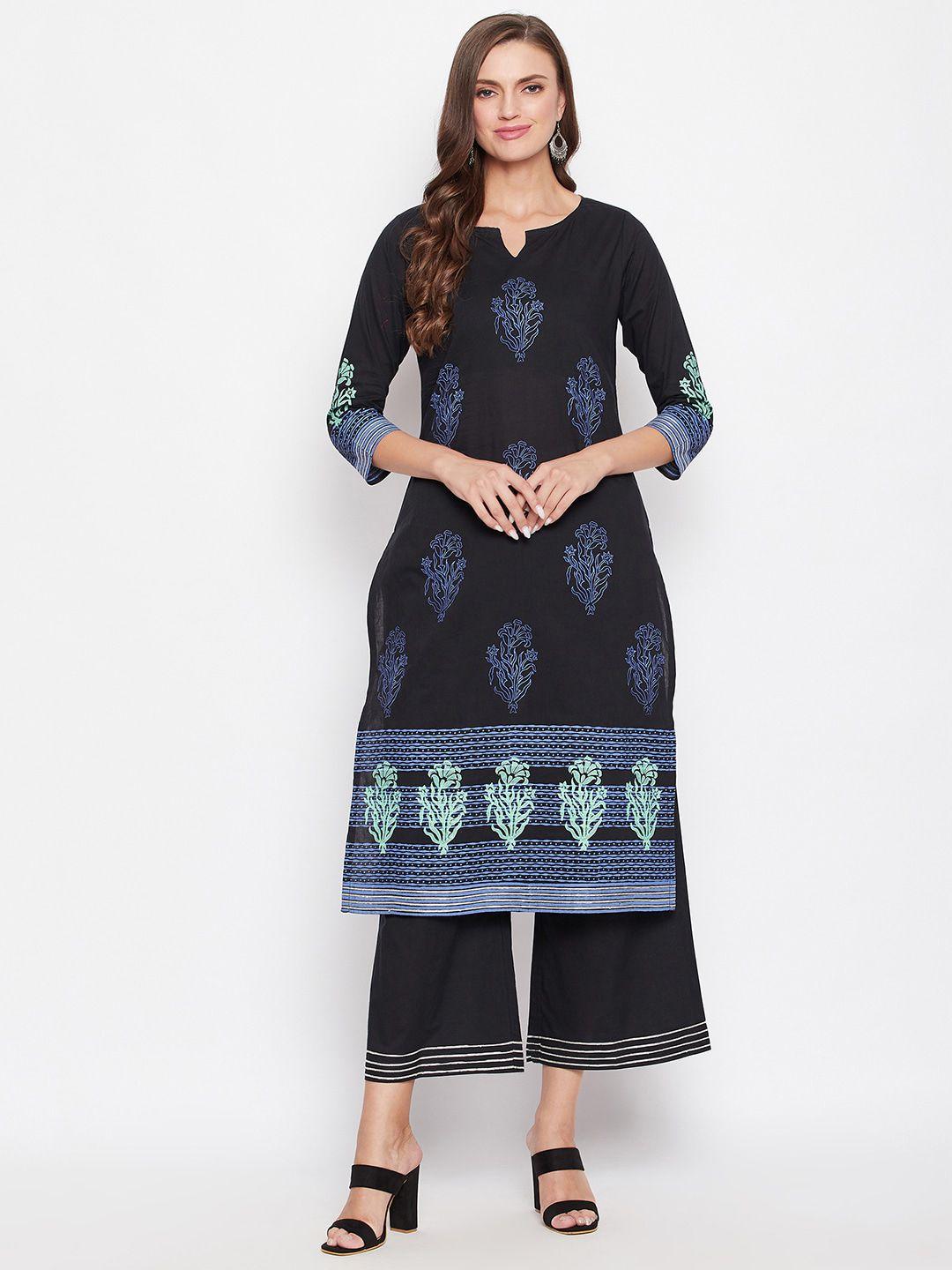 bitterlime women black & blue block printed pure cotton kurta with palazzos