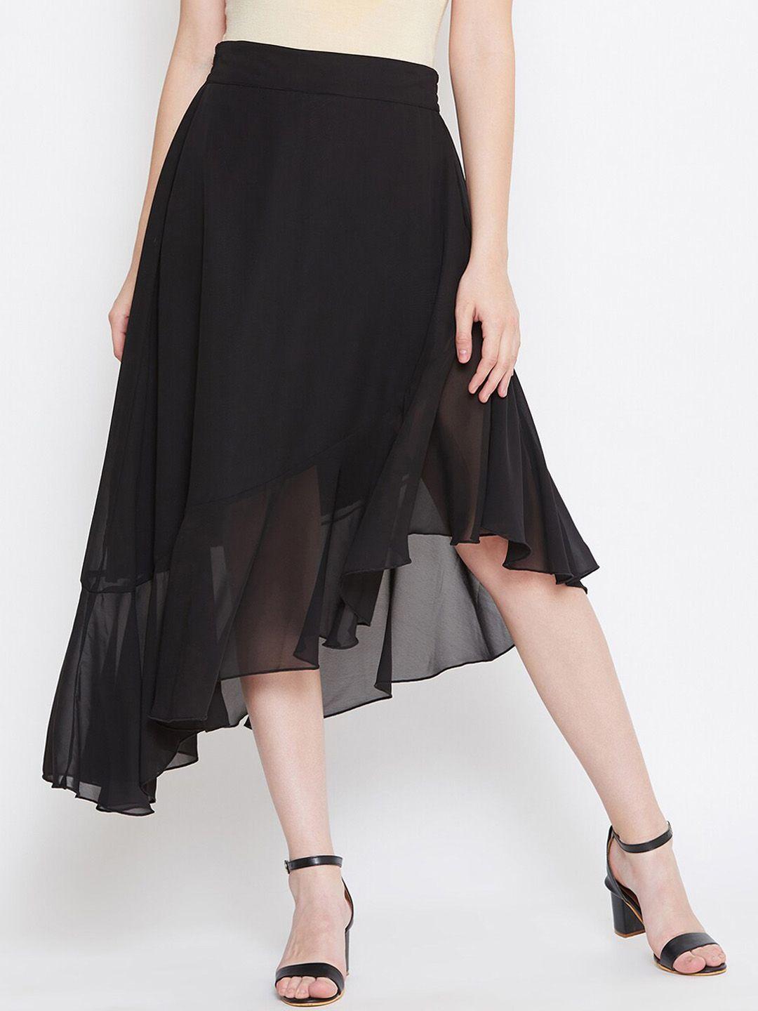 bitterlime women black solid asymmetric knee-length a-line skirt