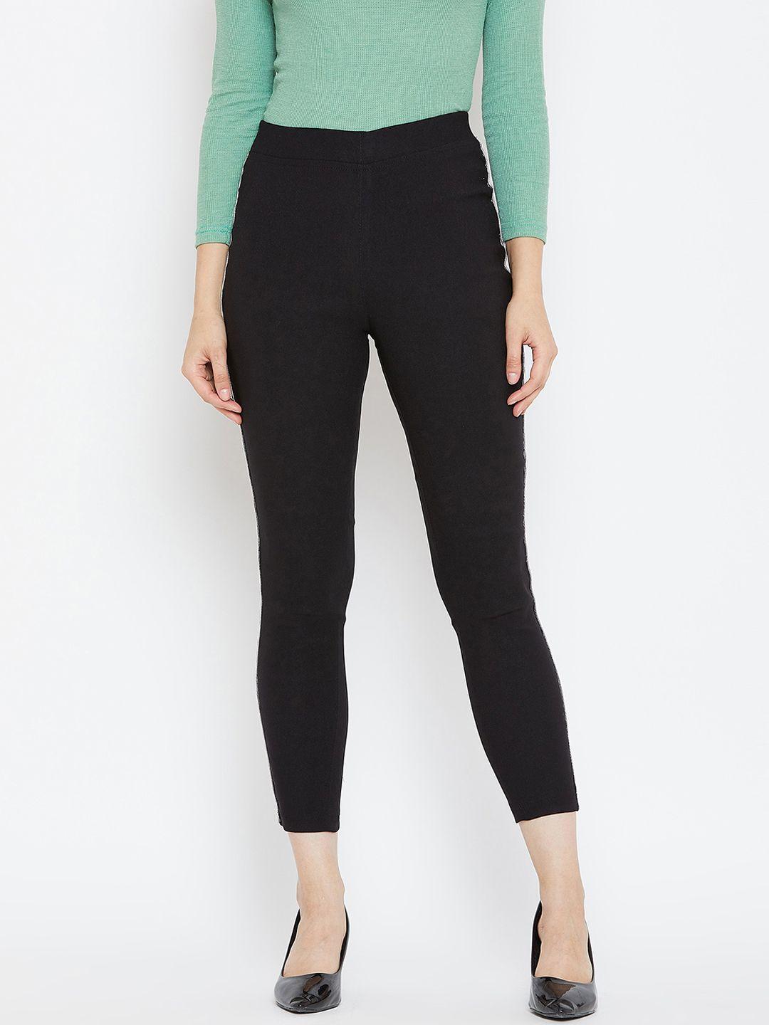 bitterlime women black solid cropped slim fit treggings