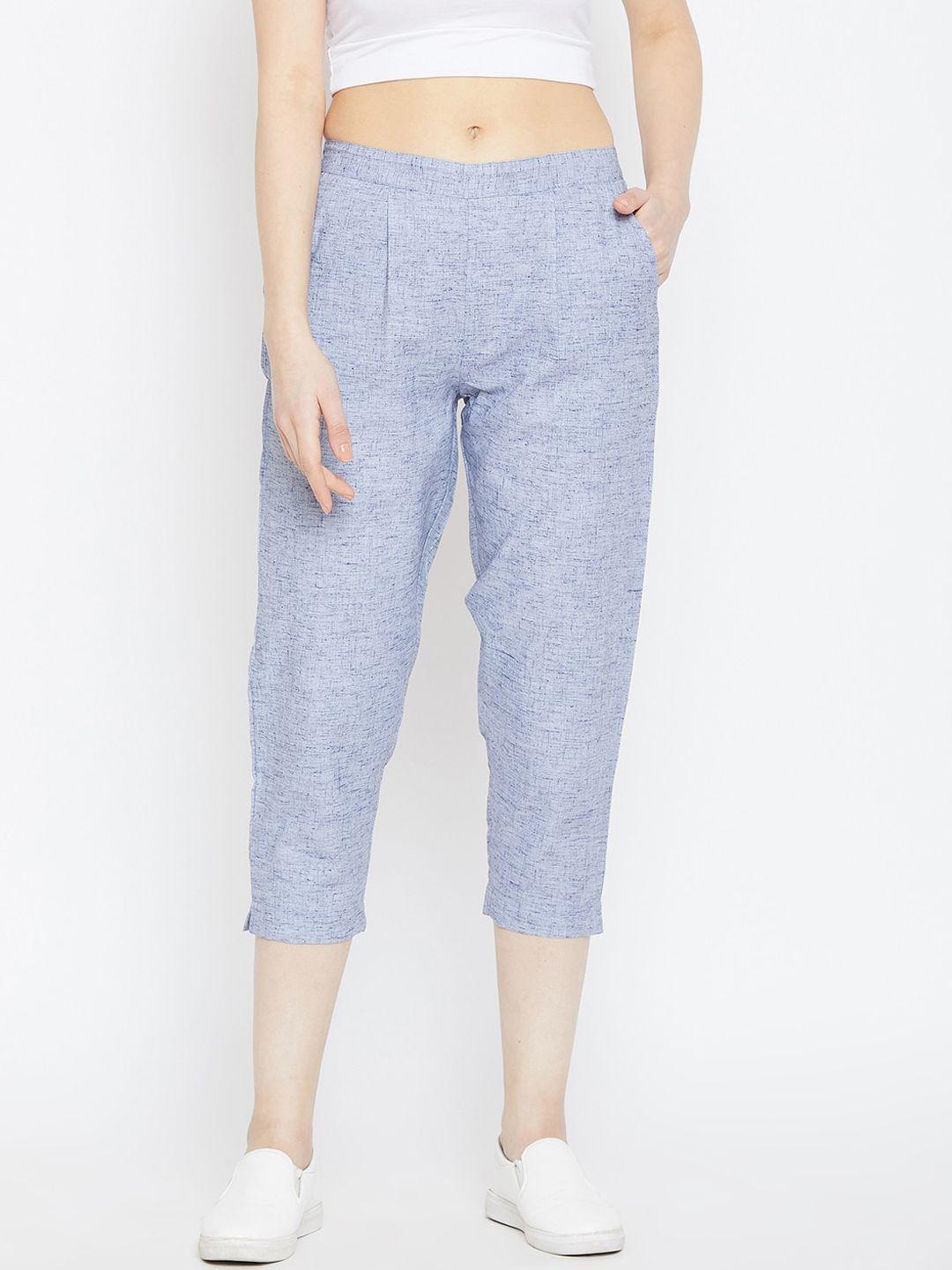 bitterlime women blue textured relaxed pleated cropped trousers