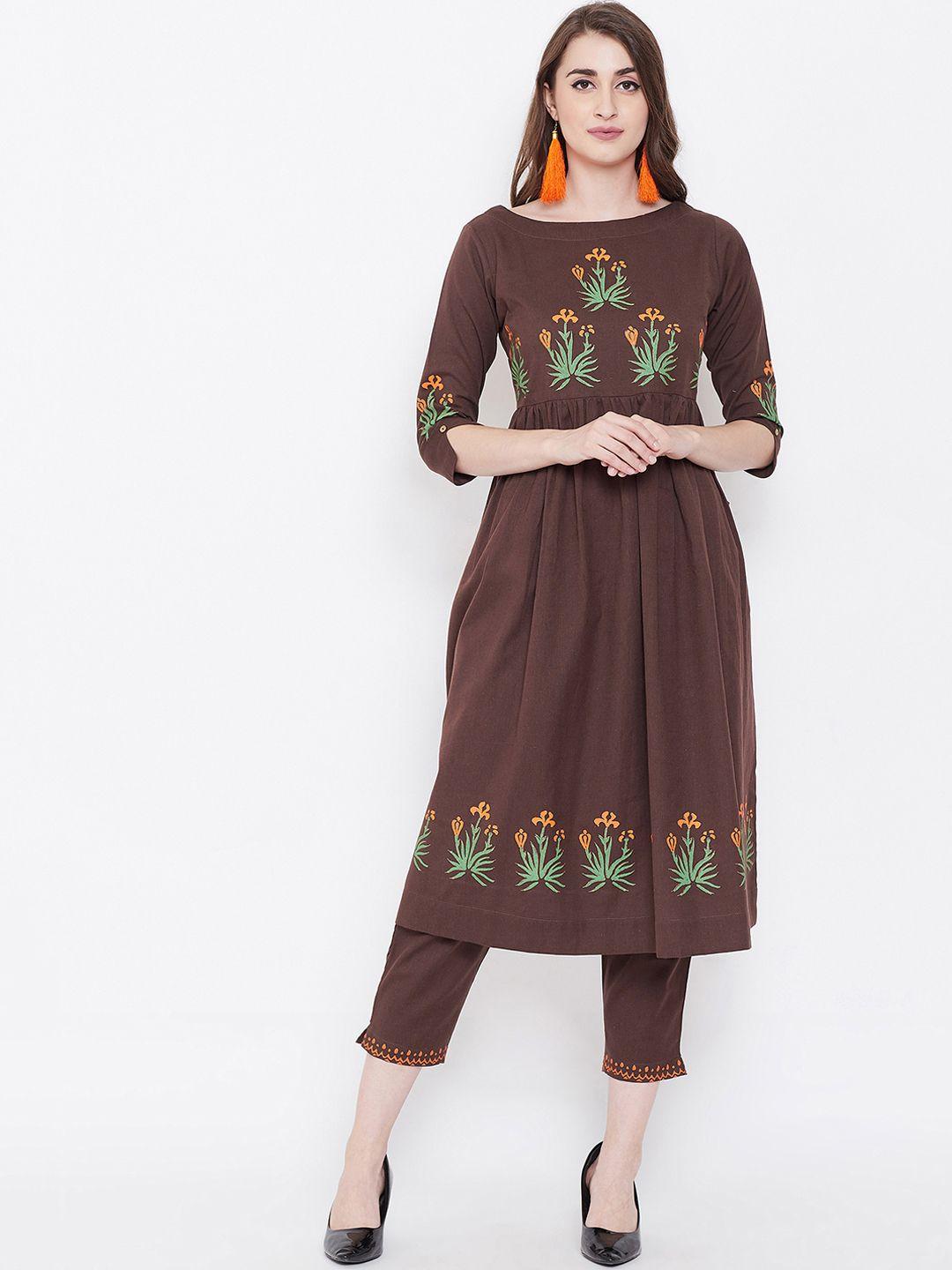 bitterlime women brown & green block printed kurta with trousers