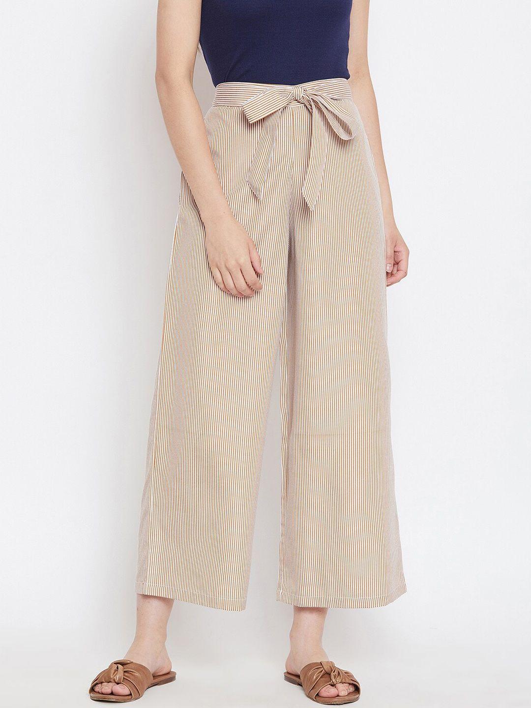 bitterlime women brown & white striped parallel trousers