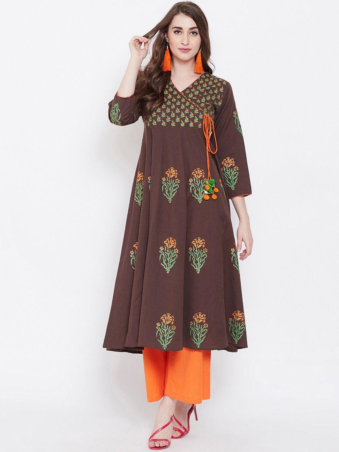 bitterlime women brown floral block print anarkali kurta