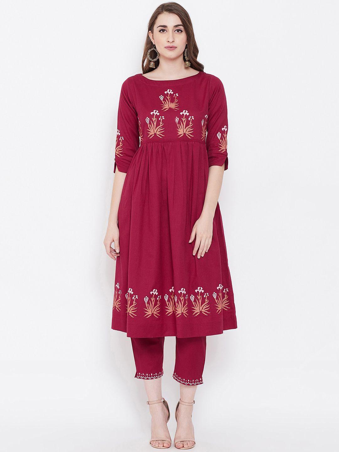 bitterlime women burgundy floral embroidered empire pure cotton kurta with trousers