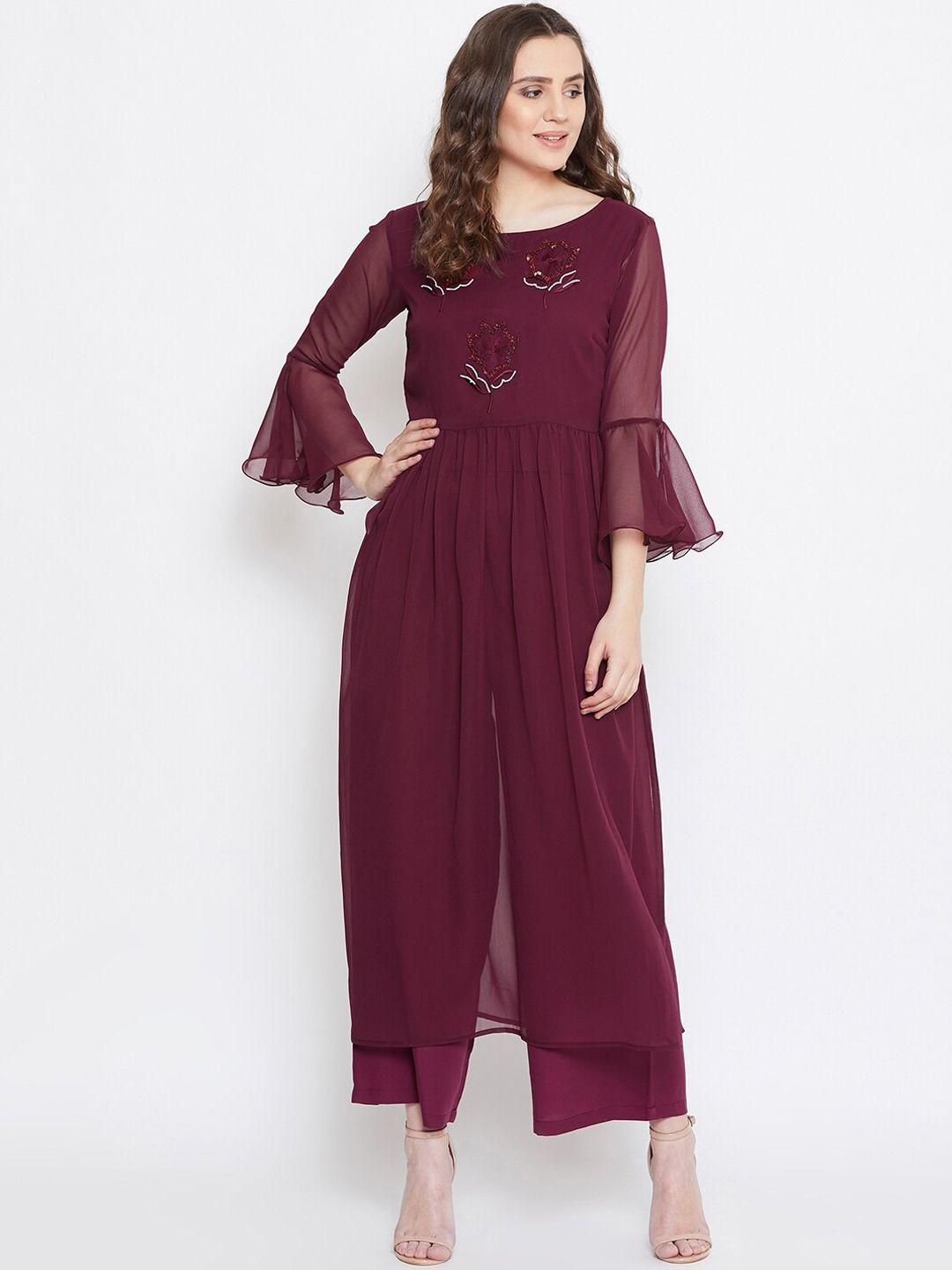 bitterlime women burgundy floral embroidered pleated sequinned kurta with palazzos