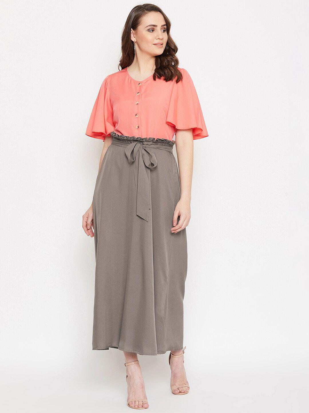 bitterlime women coral & grey flutter sleeves top with skirt