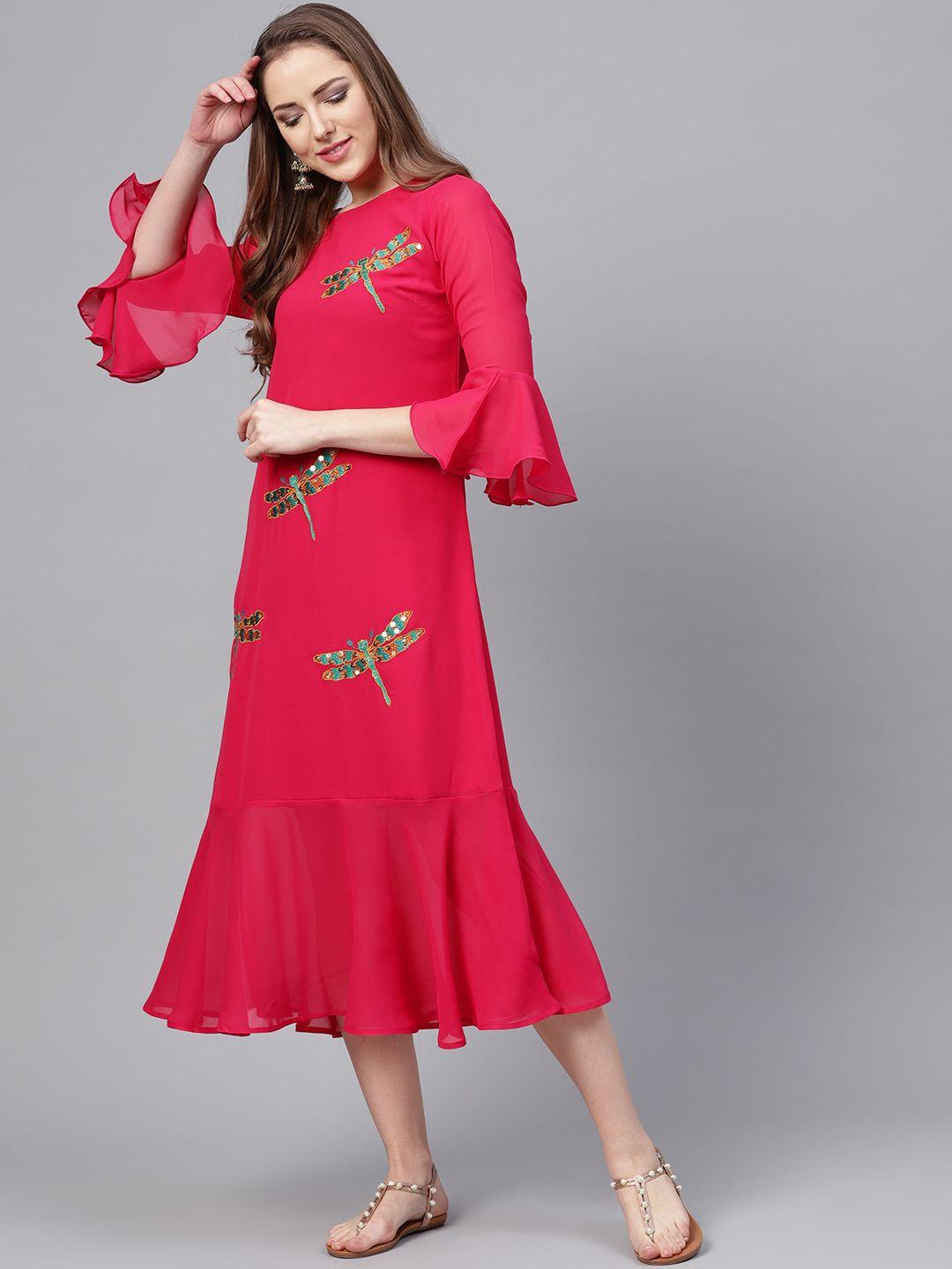 bitterlime women fuchsia embellished midi a-line dress