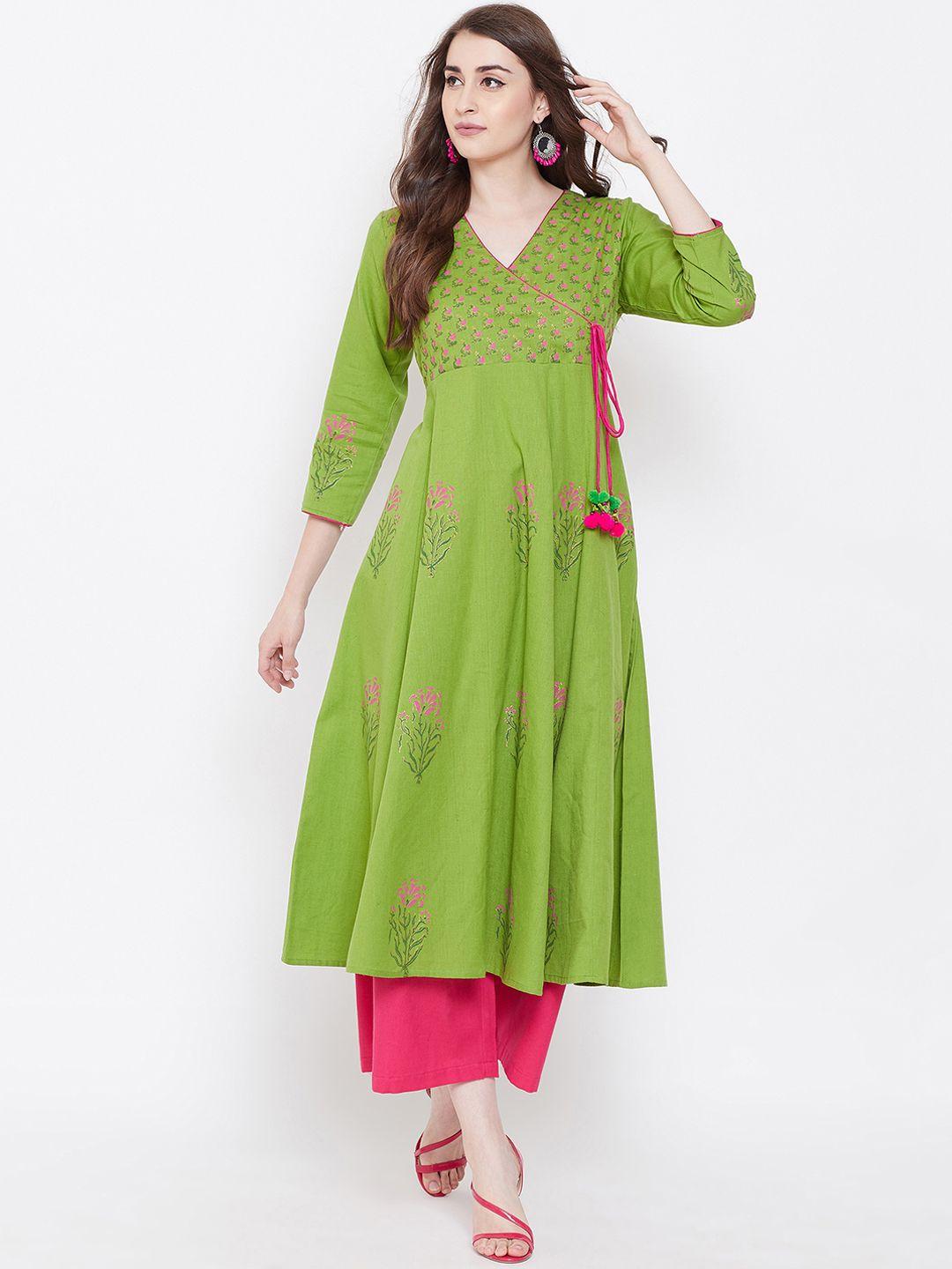 bitterlime women green & pink block printed a-line angrakha kurta