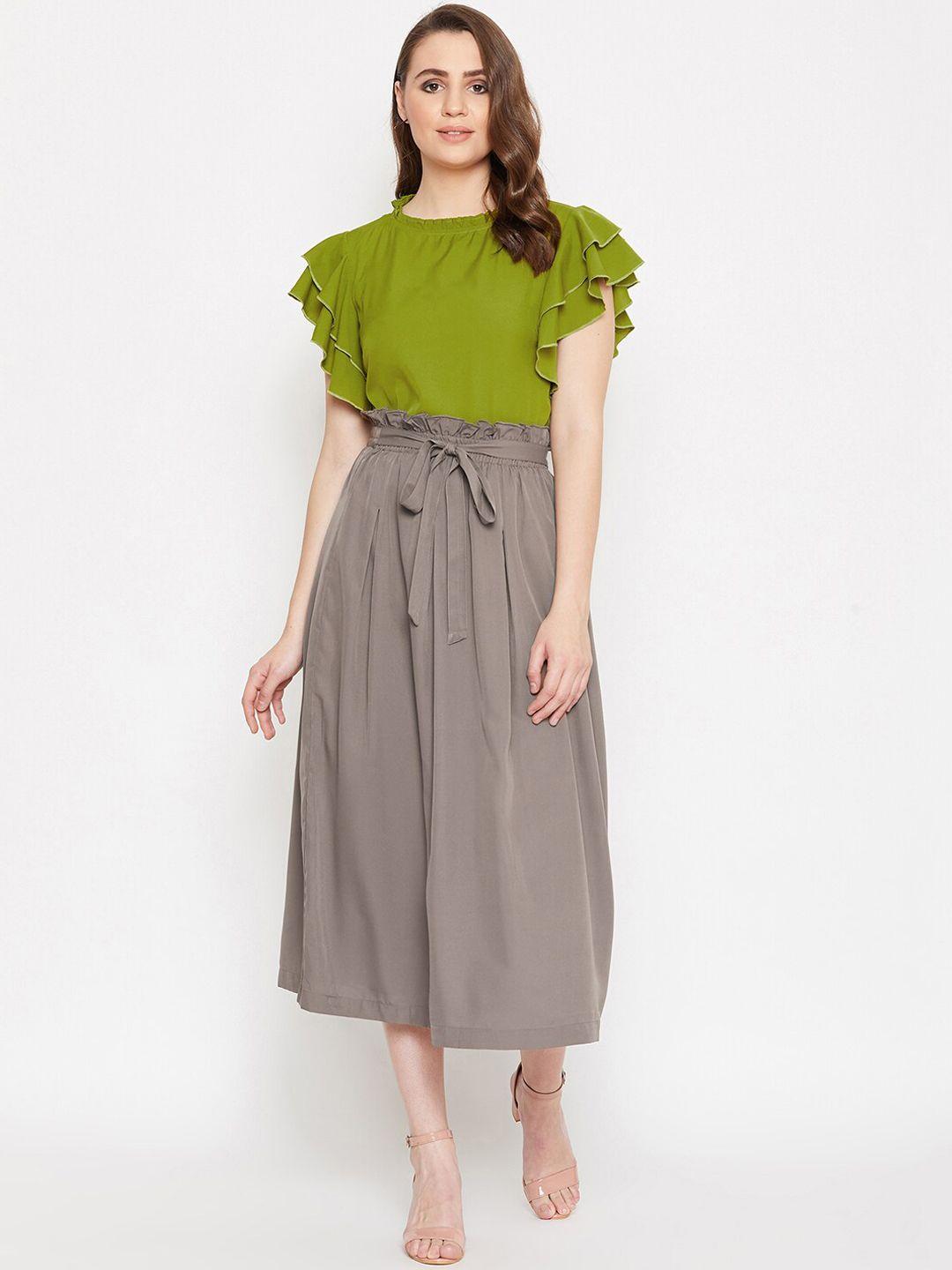 bitterlime women green & taupe solid top with skirt