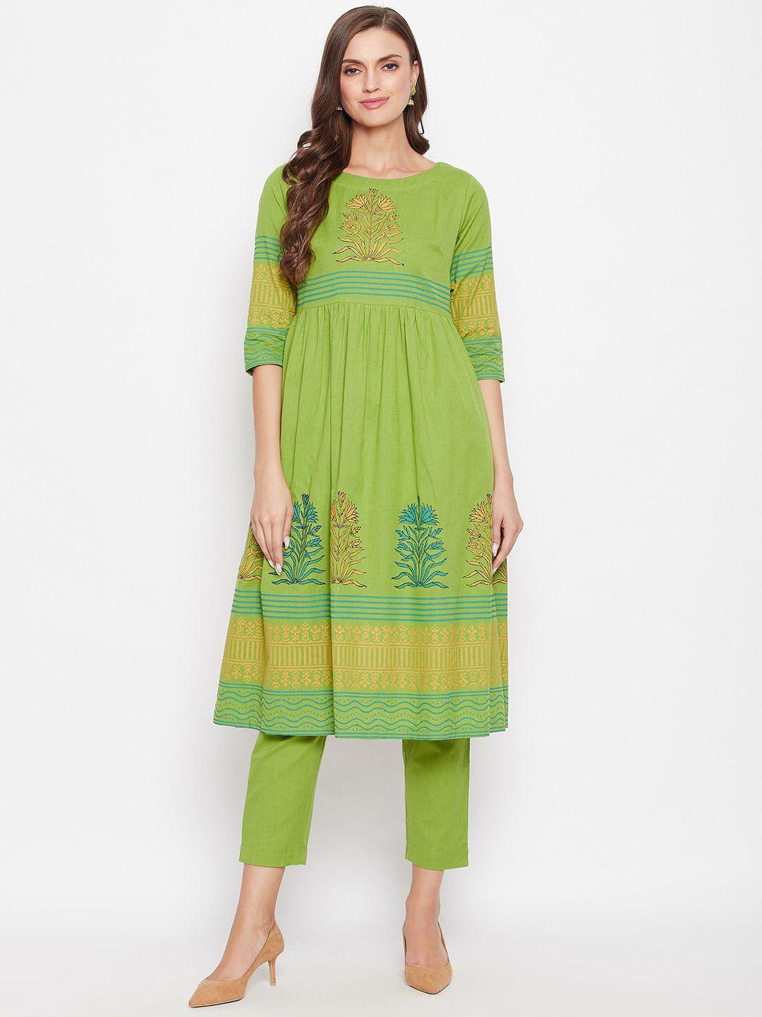 bitterlime women green ethnic motifs printed empire pure cotton kurta with trousers