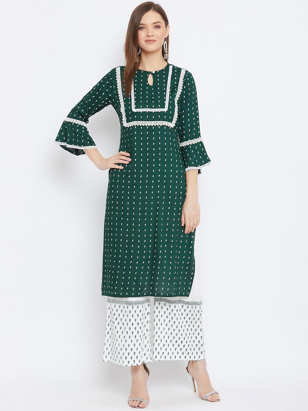 bitterlime women green ethnic motifs printed kurta with palazzos