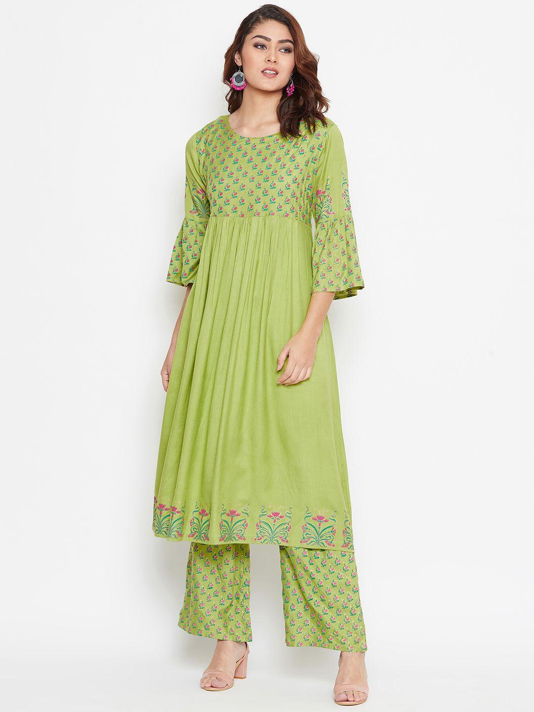 bitterlime women green printed kurta with palazzos