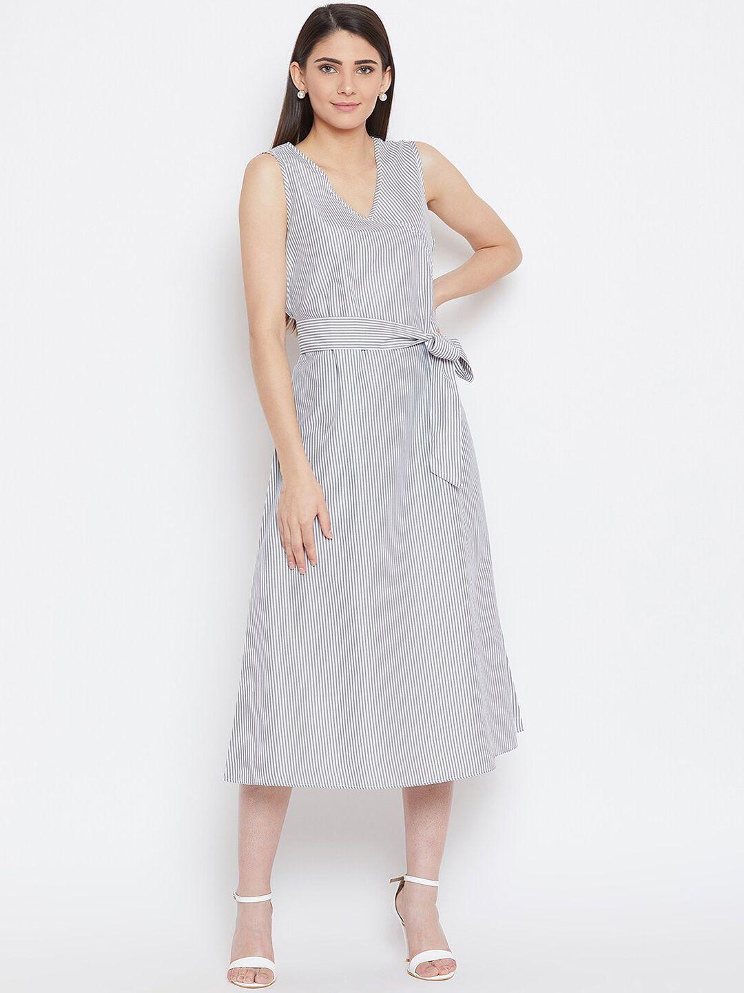 bitterlime women grey & white striped a-line midi dress