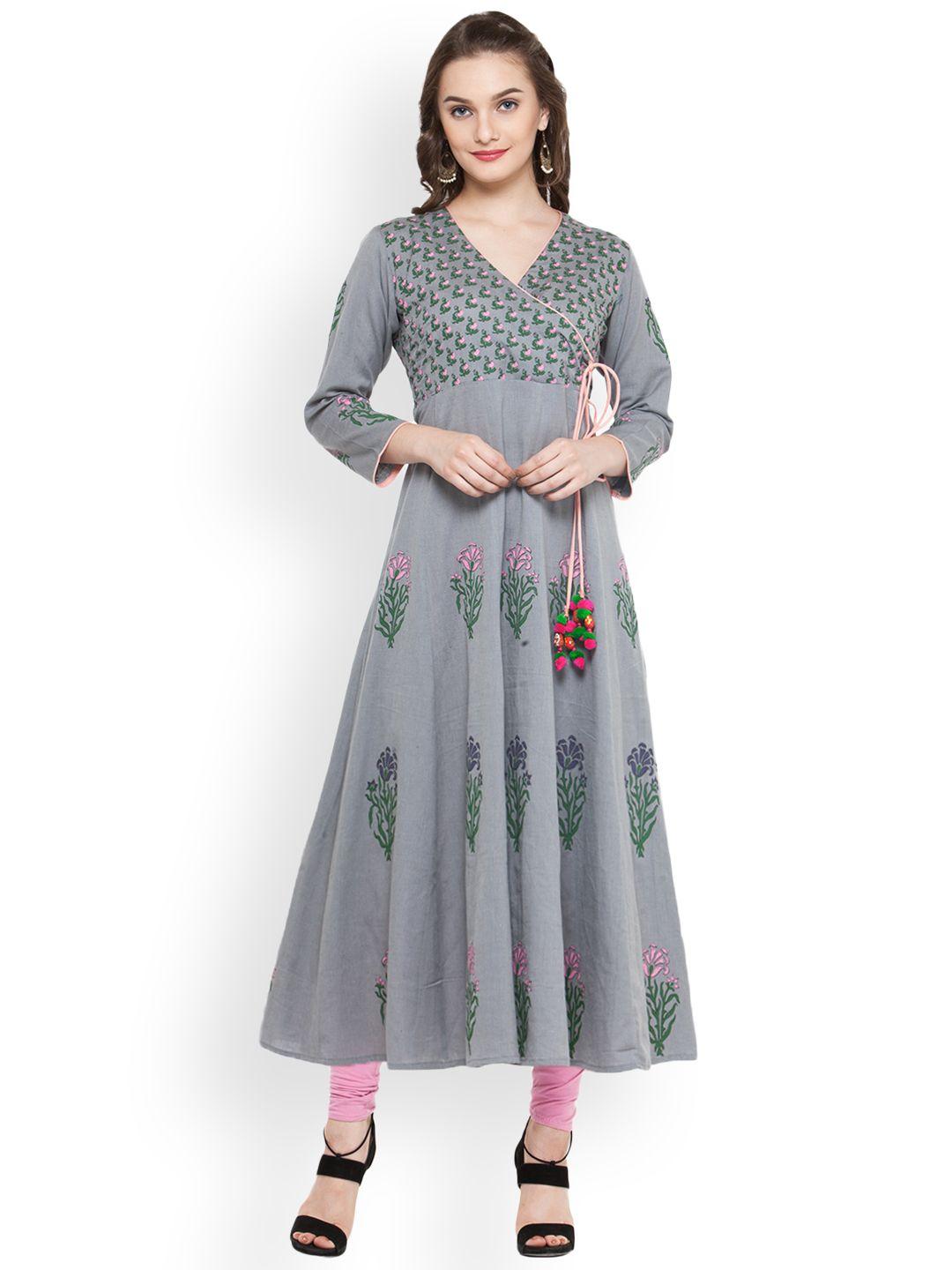 bitterlime women grey block print anarkali kurta