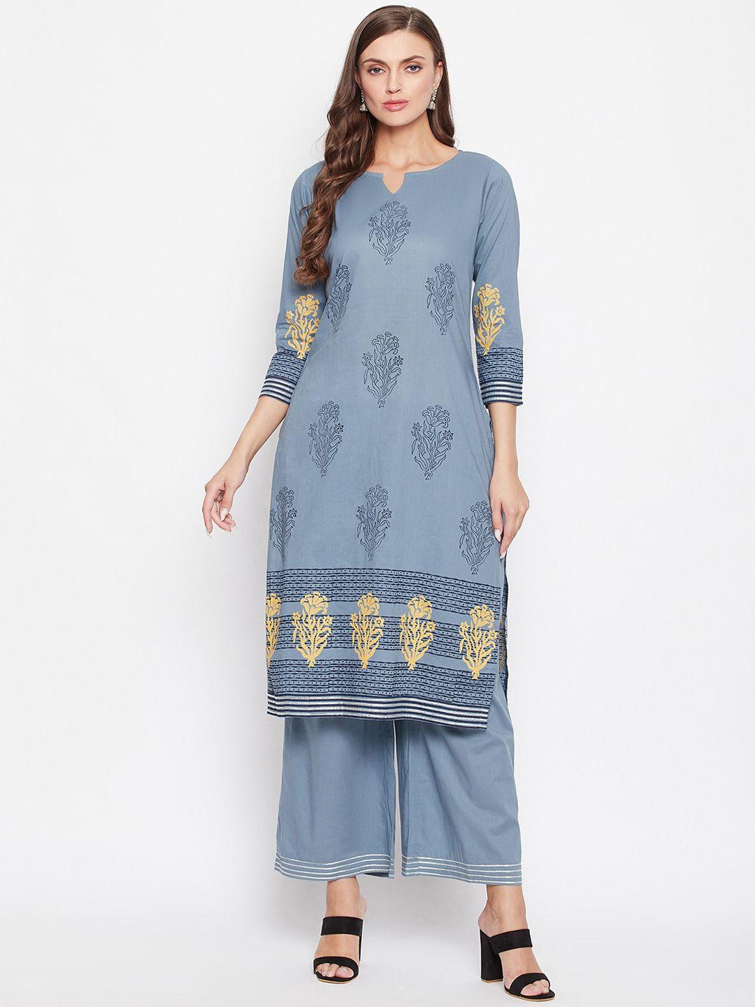 bitterlime women grey ethnic motifs printed regular gotta patti pure cotton kurti with palazzos