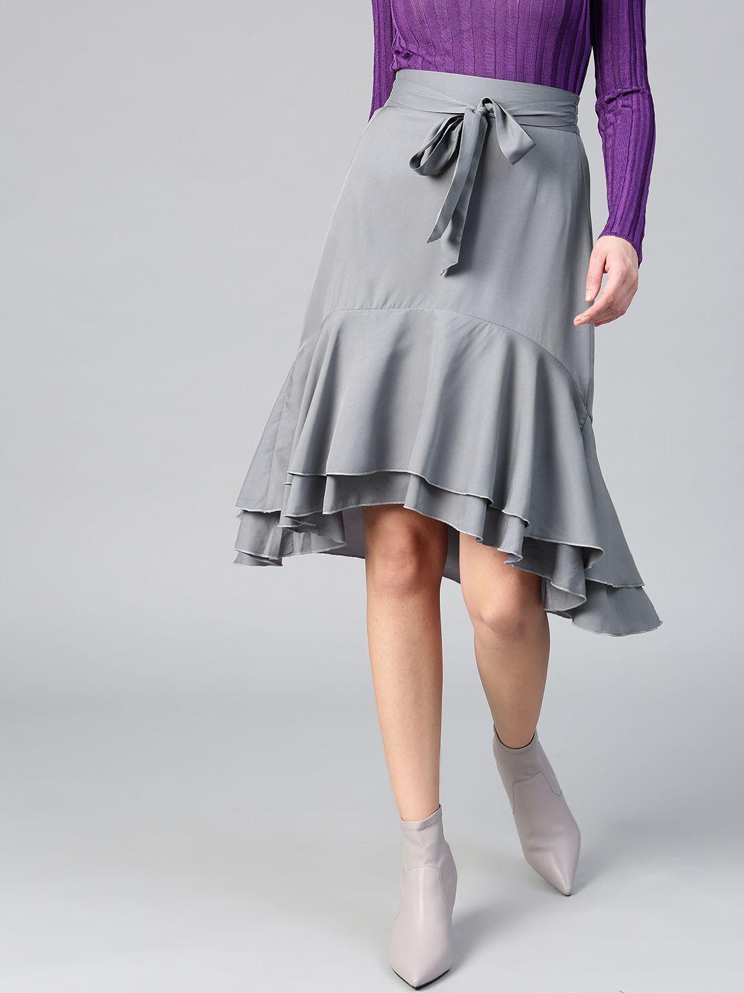 bitterlime women grey layered ruffled a-line skirt