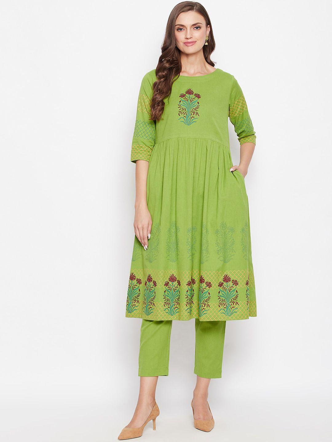 bitterlime women lime green ethnic motifs printed pleated pure cotton kurta with trousers